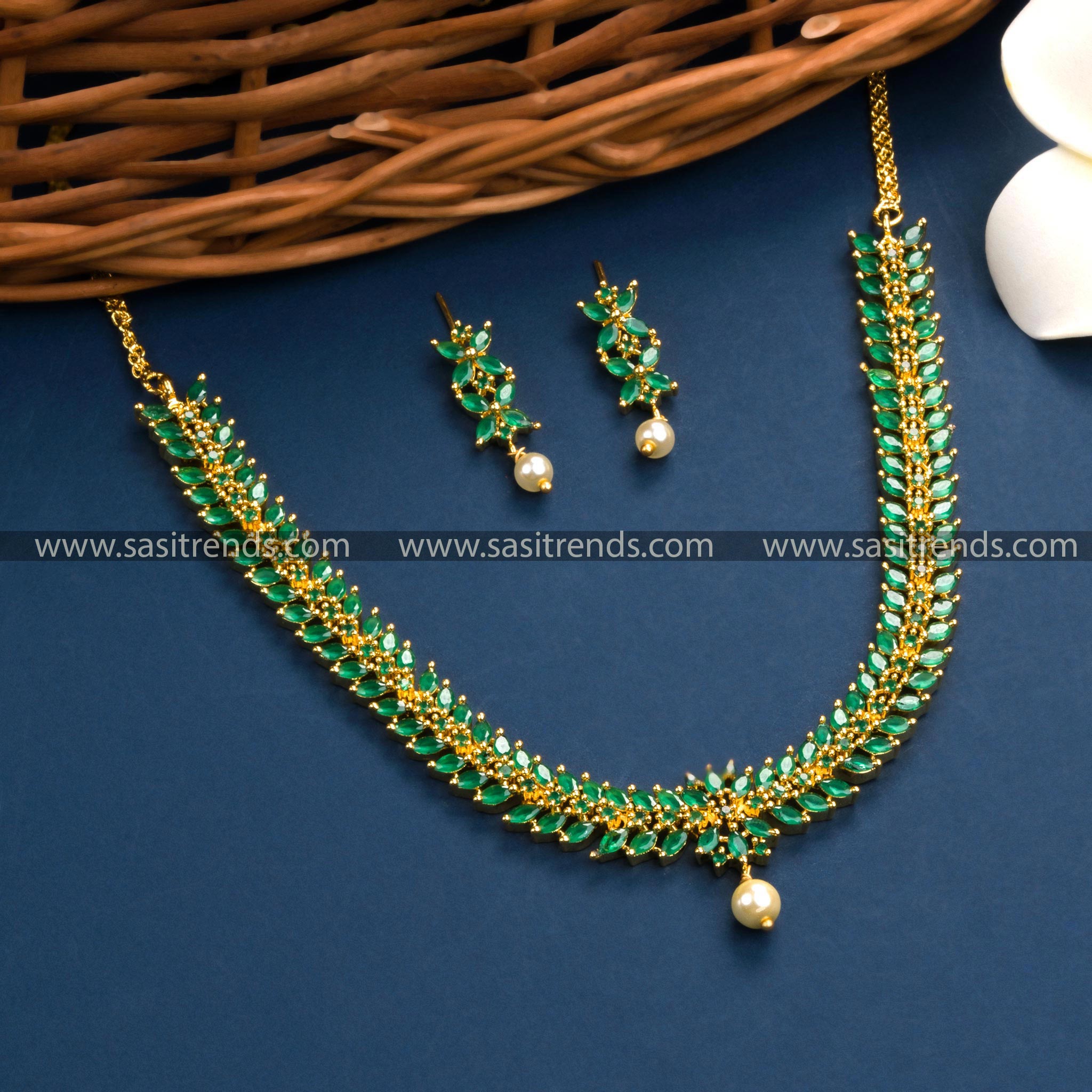 Elegant Floral Leaf Necklace with Green AD Stones - Trendy Micro Gold Plated Jewelry for Women, Ideal for Parties and Traditional Festivals