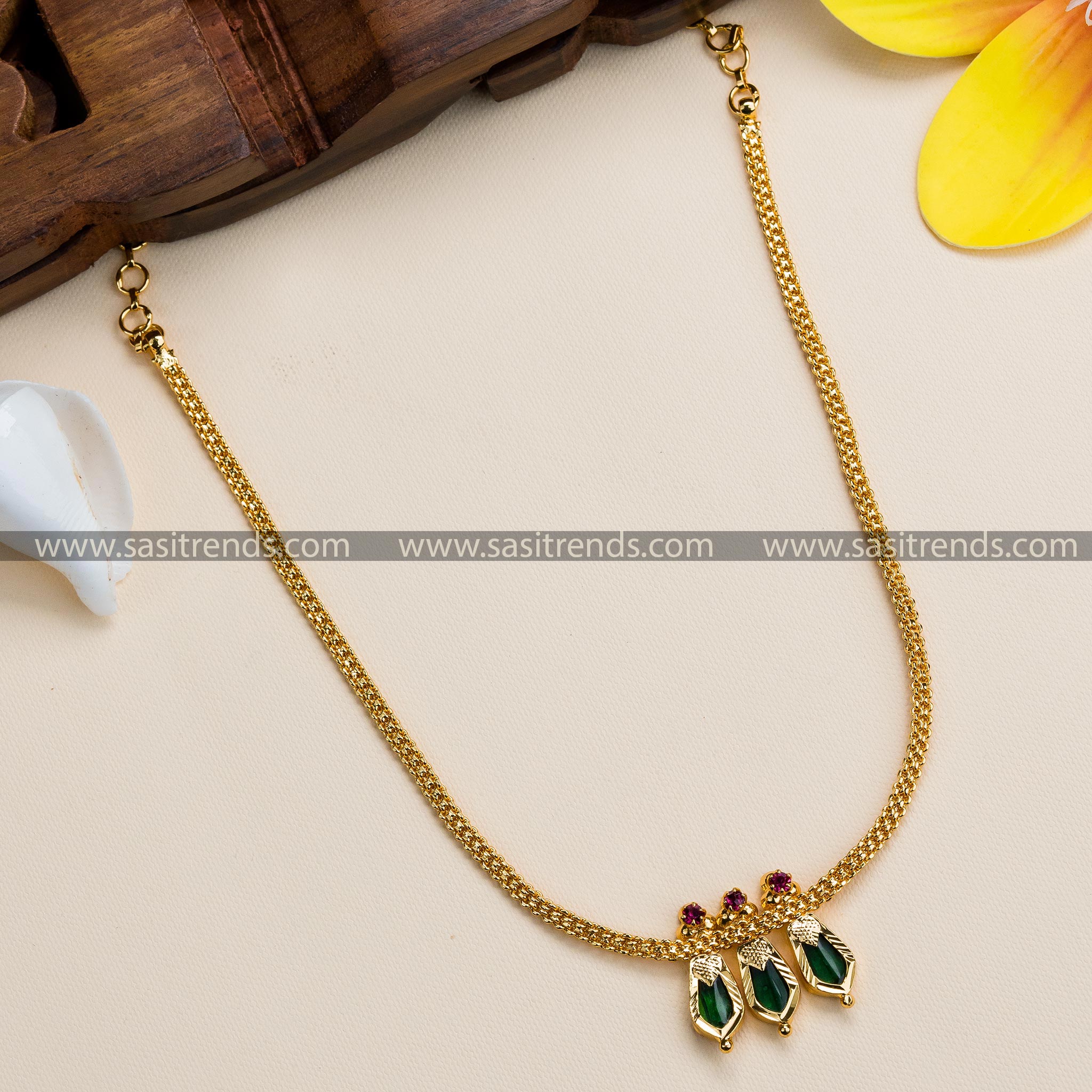 Micro Gold Plated Nagapadam Petals Kerala Necklace with Green Stones - Traditional Mango Kerala Necklace, 6-Month Guarantee