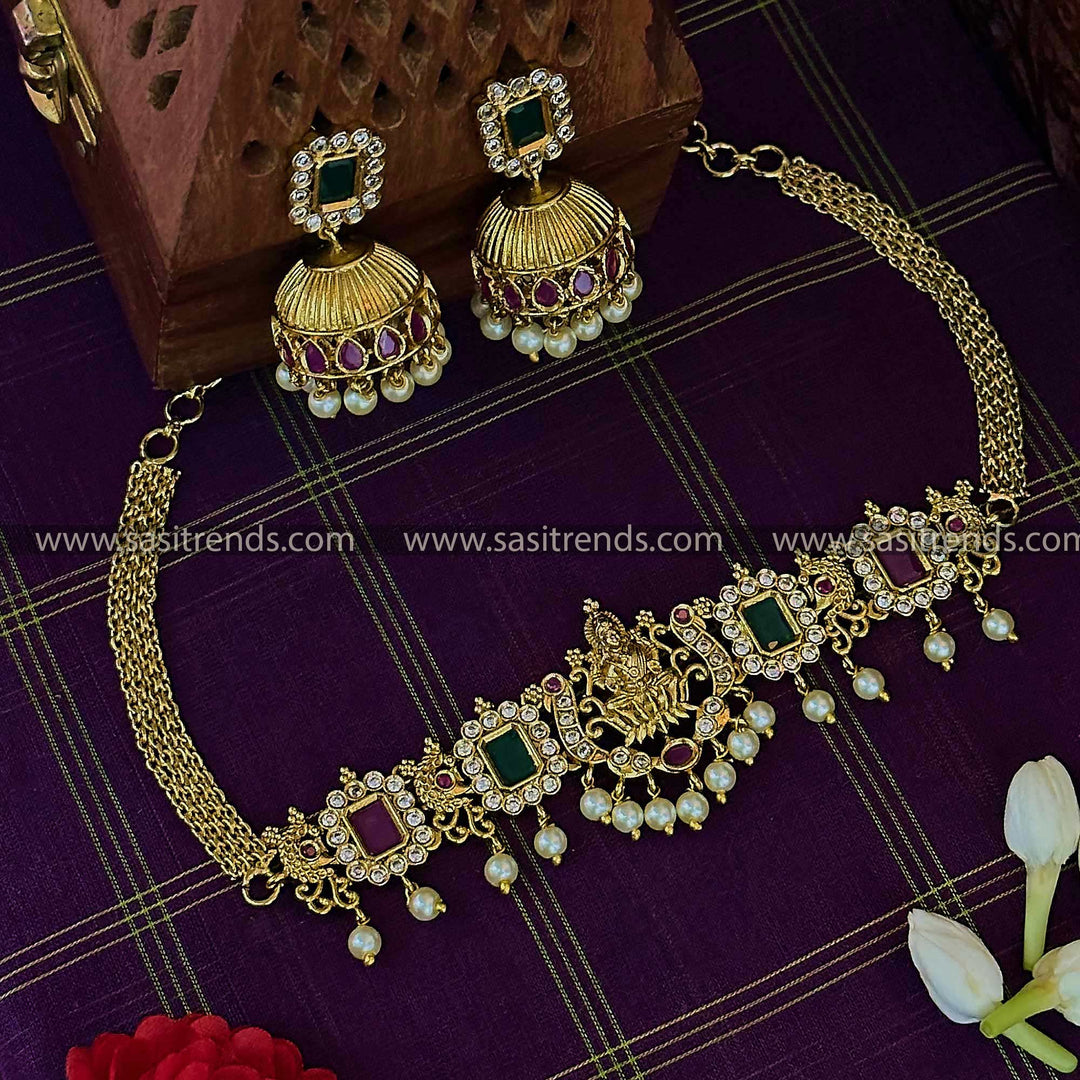 Traditional Temple Gold Plated Lakshmi Peacock Choker Pearl Necklace with AD Stones for Women