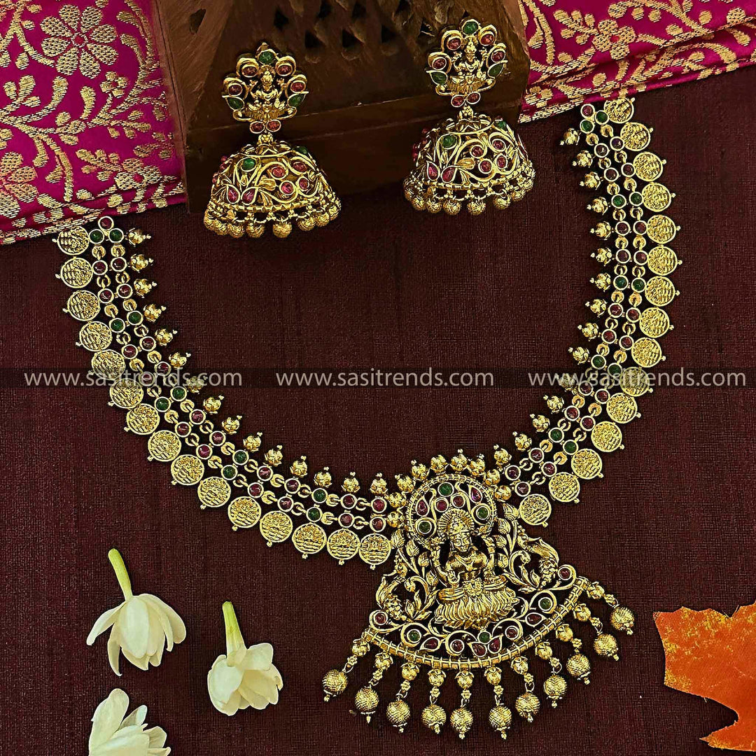 Matte Gold Plated Lakshmi Coin Choker Necklace with Peacock Motif