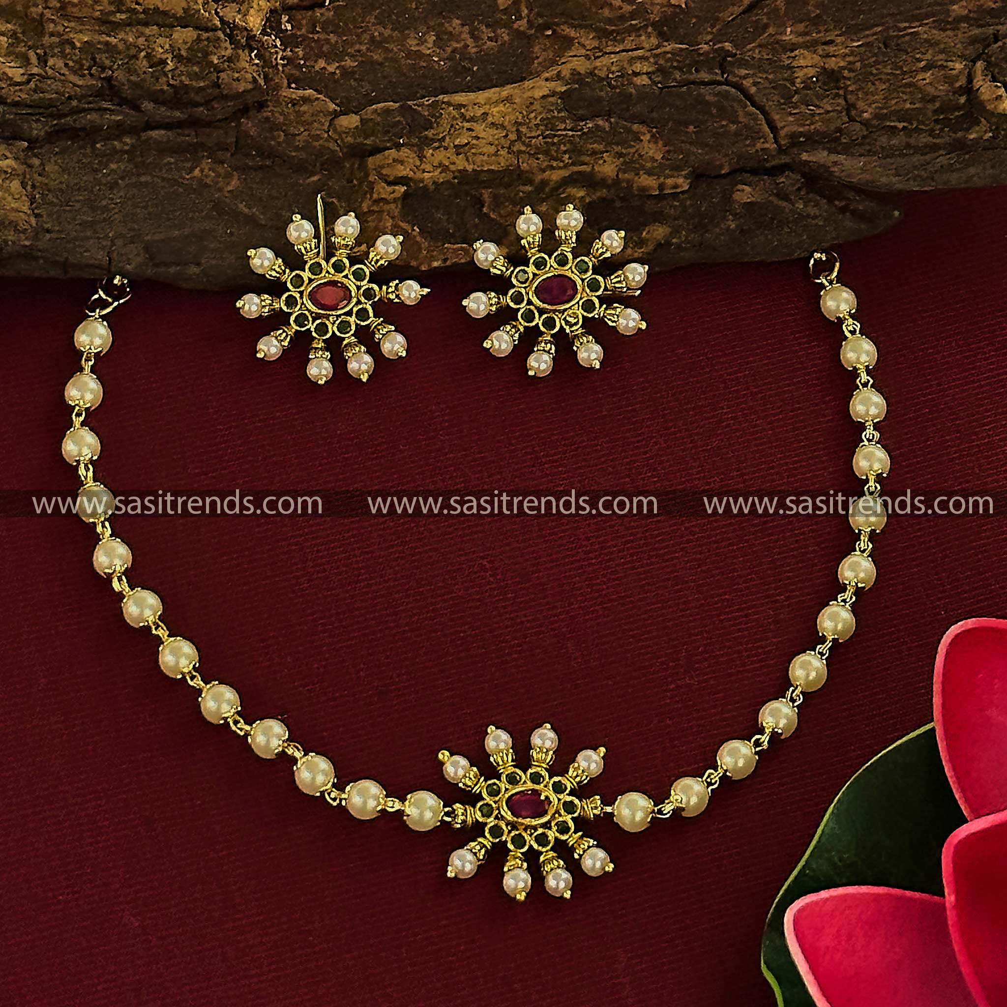 Traditional Temple Gold Plated Ruby-Green  Choker Necklace with Kemp Stones & Jhumkas for Women