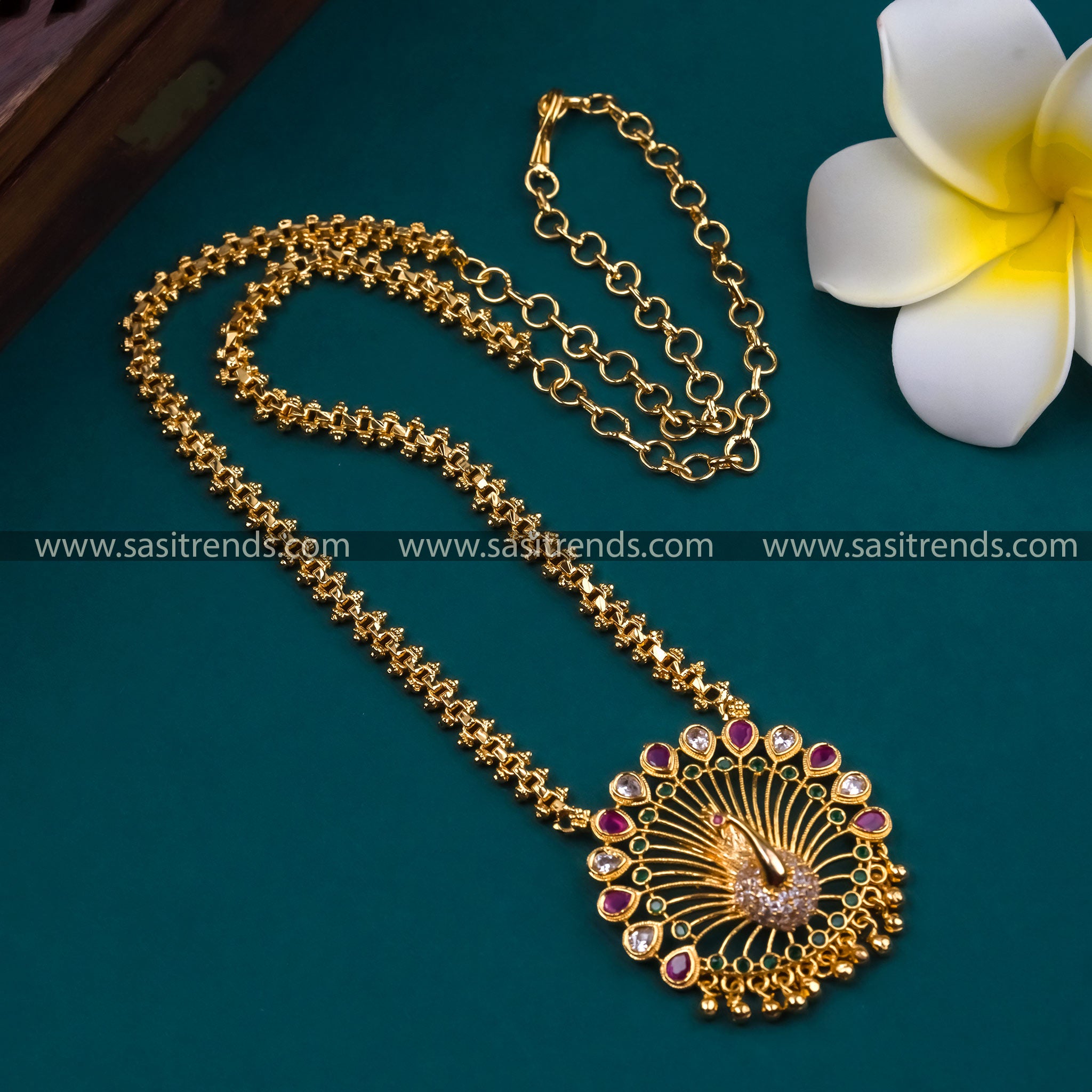 Traditional Micro Gold Plated Gajiri Chain with Peacock Pendant Embellished in Lustrous Multi AD Stones