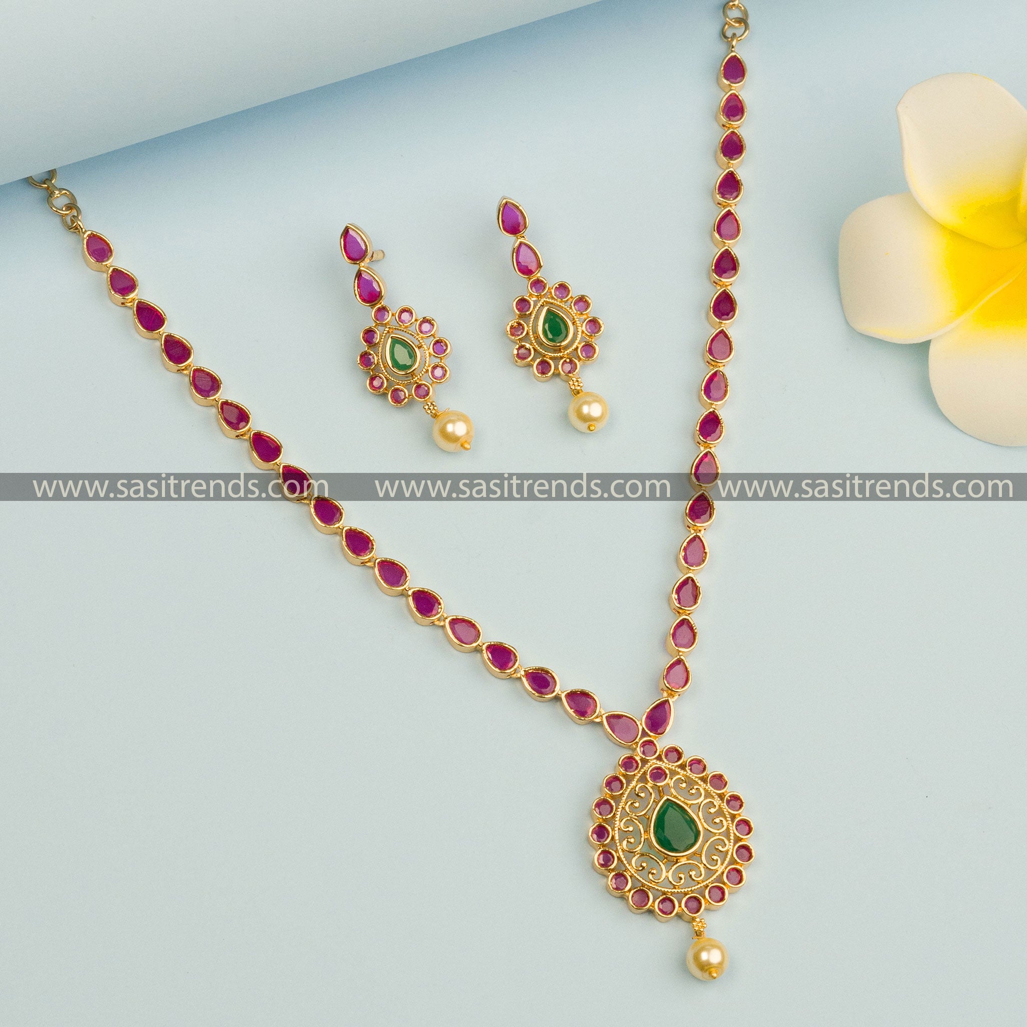 Micro Gold Plated Pendant Set - Traditional Elegance with Tear Drop Stone and Pearl Detail