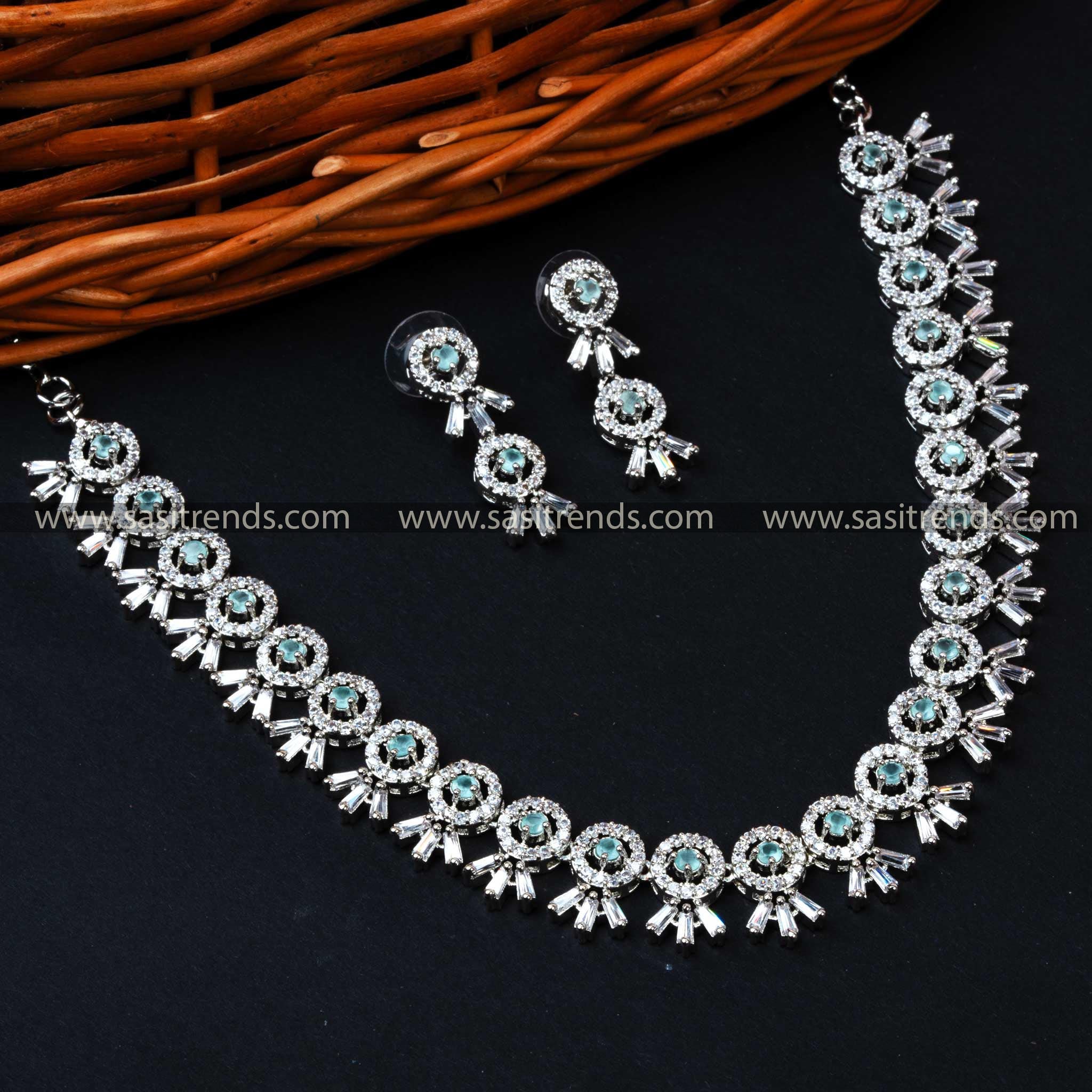 Elegant American Diamond Rhodium Silver Necklace Set with Mint Stones - Latest Party Wear Design