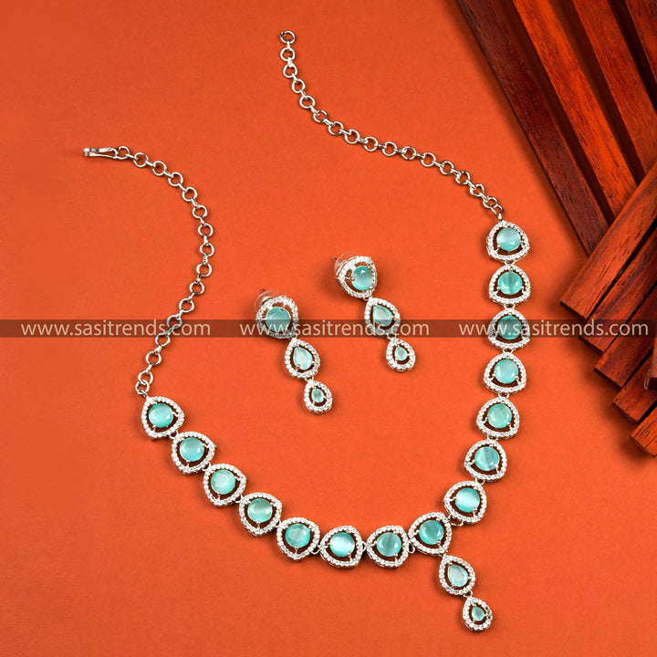 Stunning Mint Green Stone Necklace and Earrings Set - Rhodium Plated, Perfect for Parties and Weddings