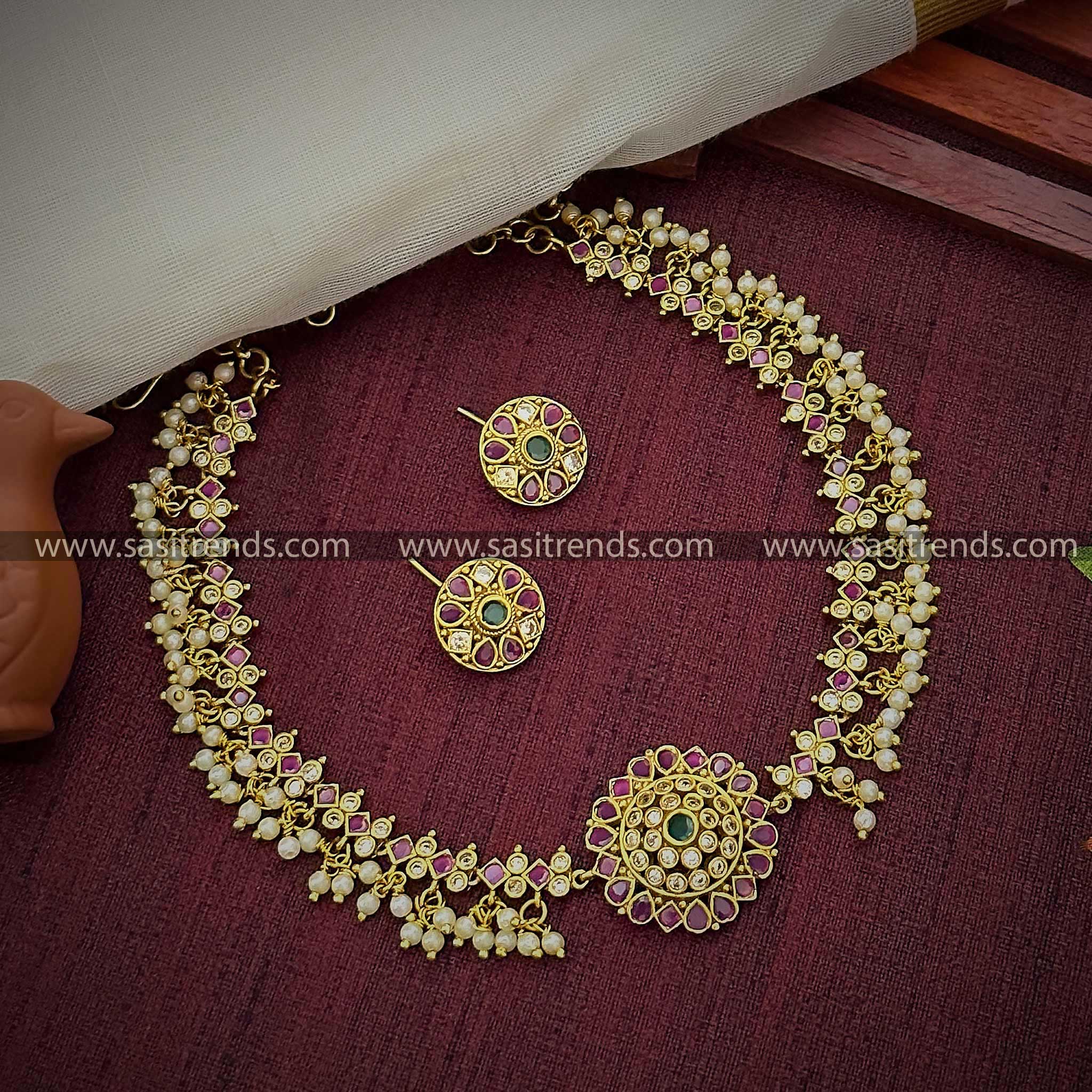 Gorgeous Floral Pendant Temple Gold Choker Necklace Set - American Diamond & Pearl Drops