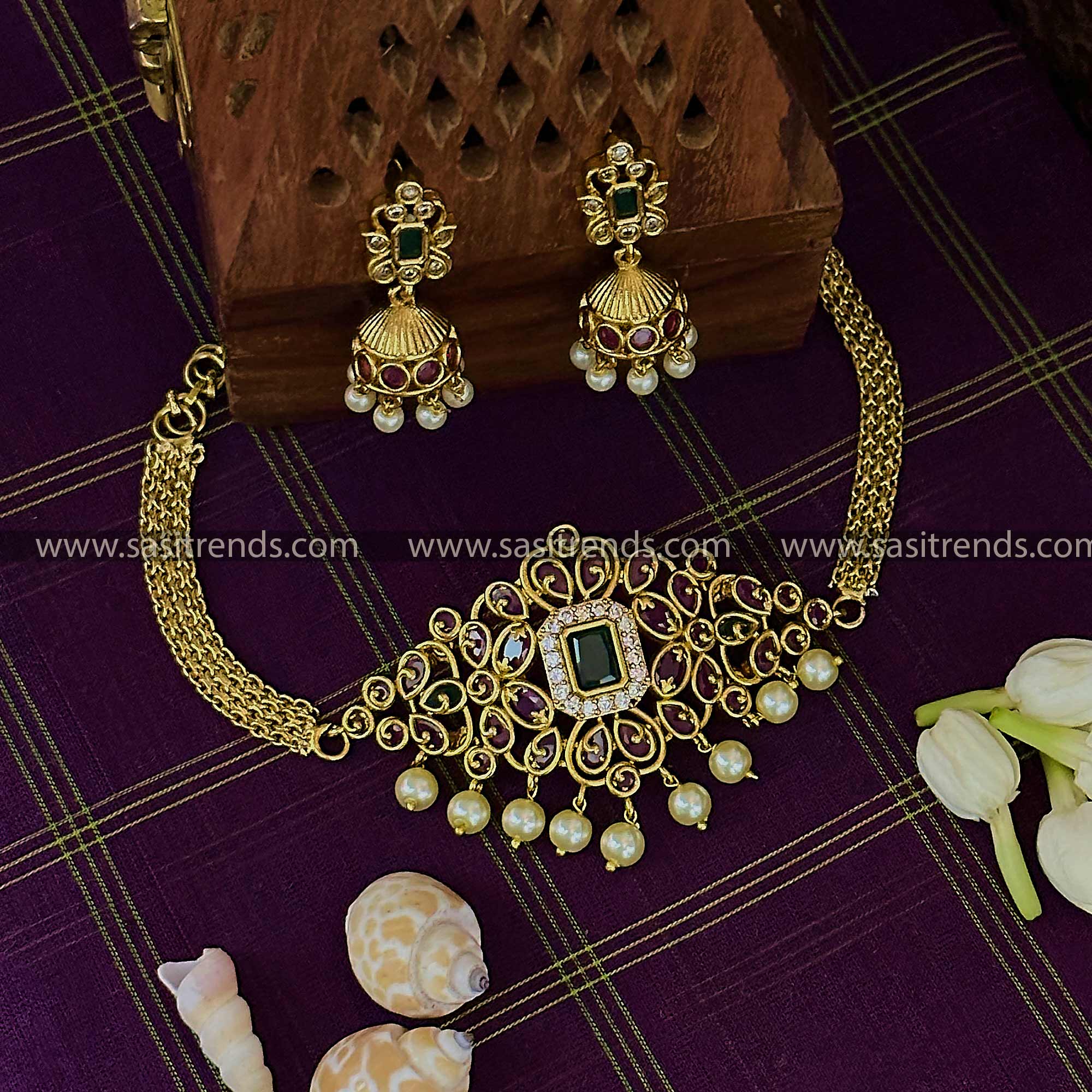 Temple Gold Pearl Choker Necklace Set with Jhumkas - American Diamond Stones