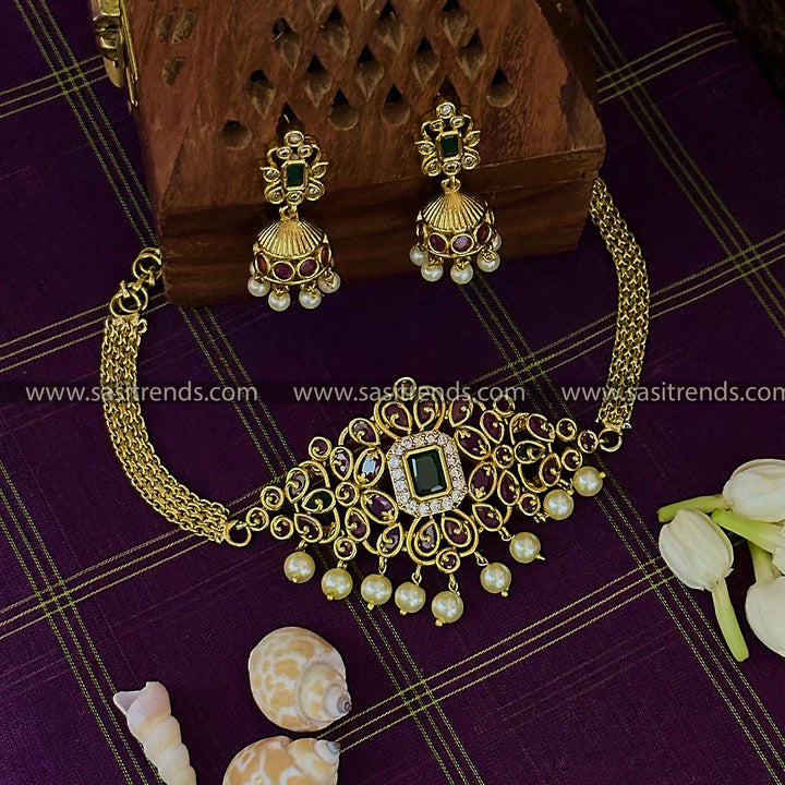 Temple Gold Pearl Choker Necklace Set with Jhumkas - American Diamond Stones