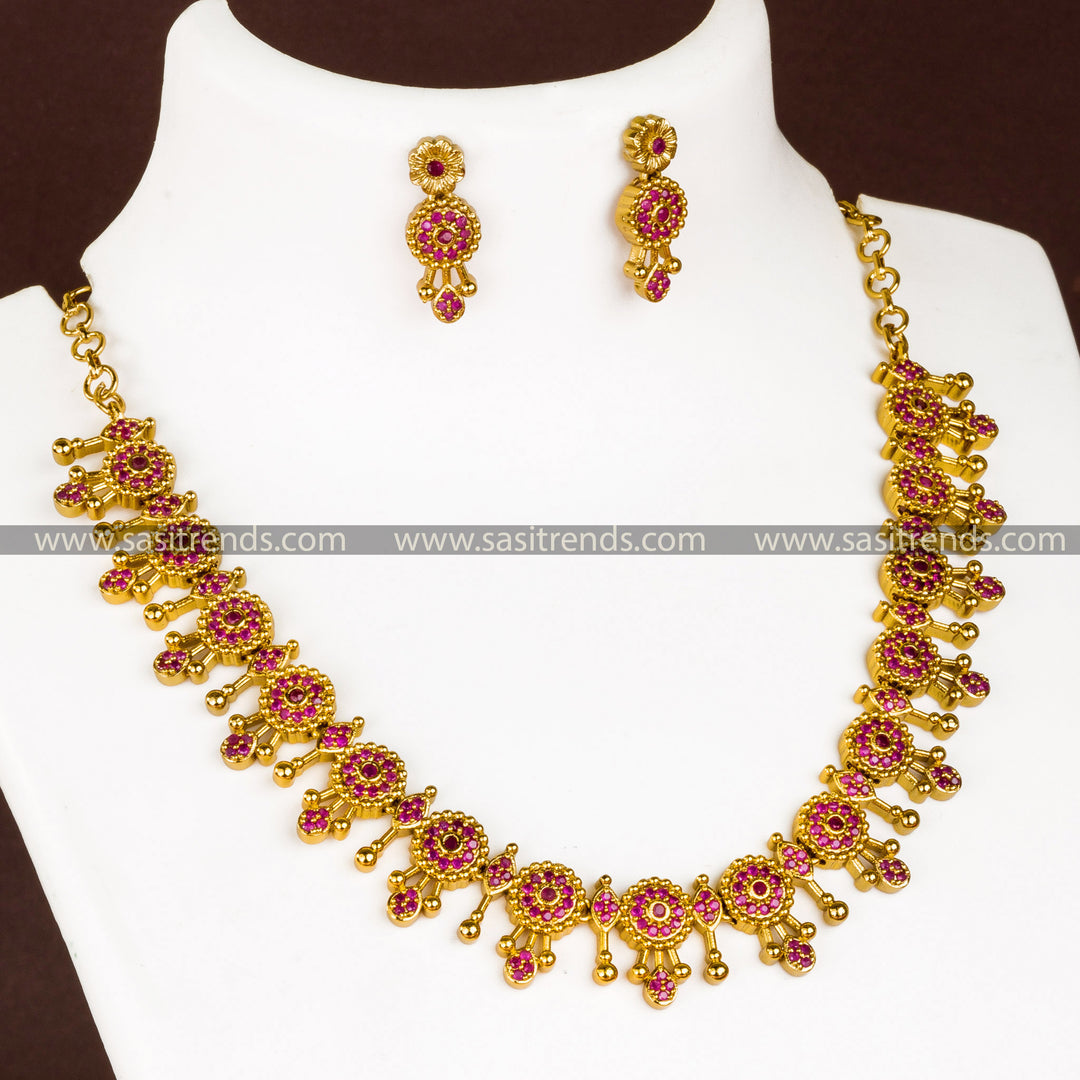 Matte Gold Necklace Set with AD Stones in Rich Ruby Hues for Glamorous Girls' Accessories