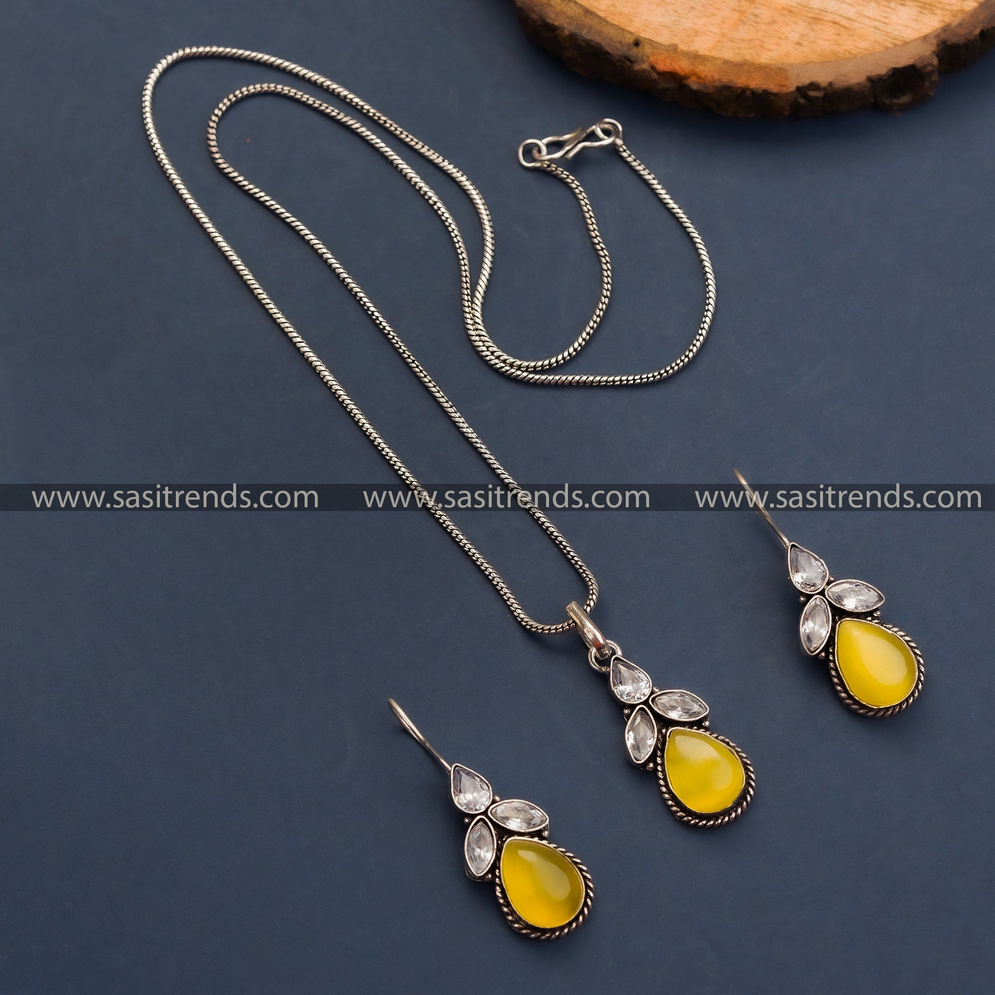 Oxidized German Silver Pendant Chain with Monalisa Yellow Stones - Vibrant and Stylish Jewelry for Online Shopping