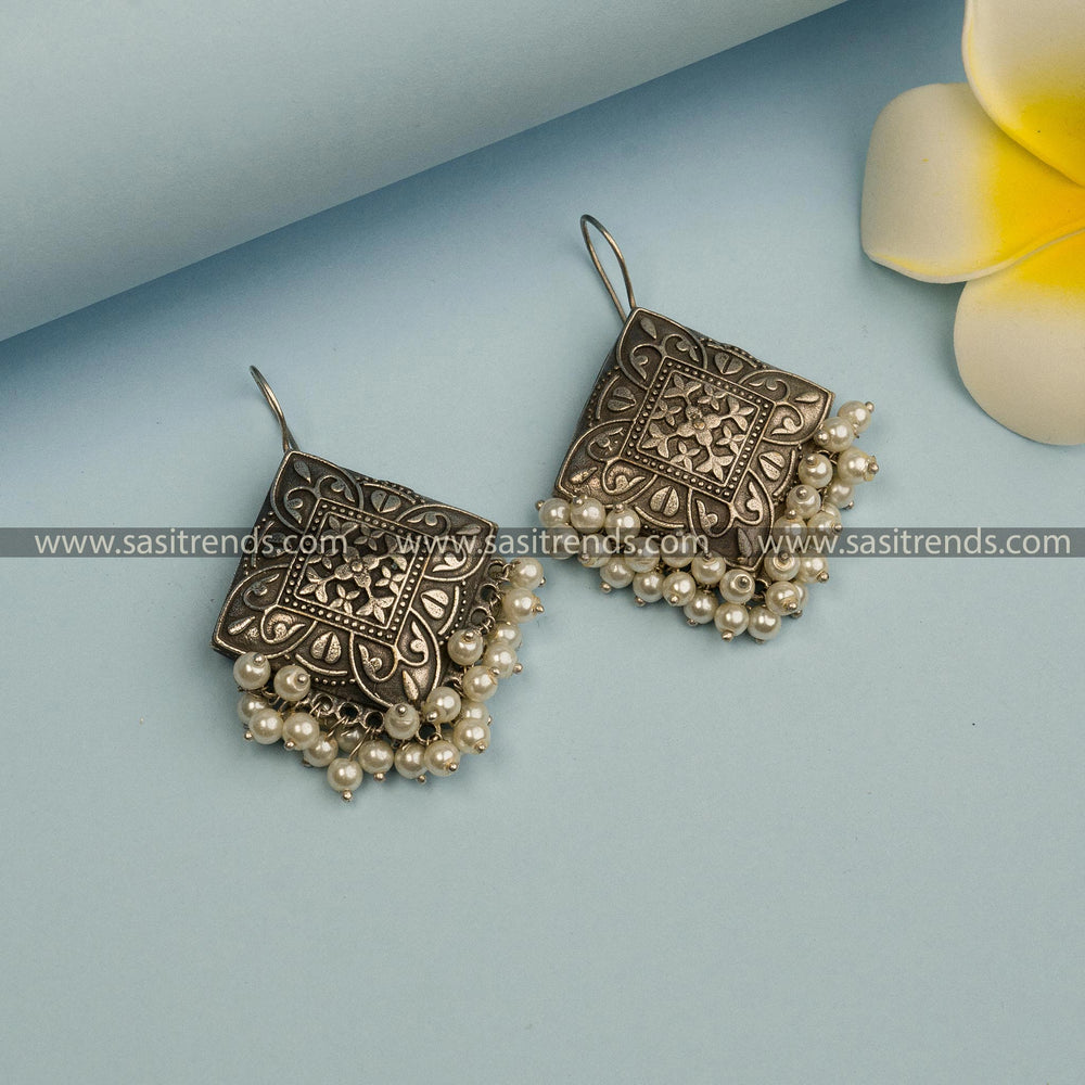 Latest Oxidized Silver Tone Earrings with Dangling Pearls - Party Wear