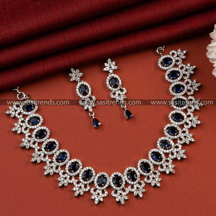 Exquisite Rhodium Silver Plated AD Necklace and Earrings Set with Blue Stone Motifs - Gorgeous Party Wear Accessories