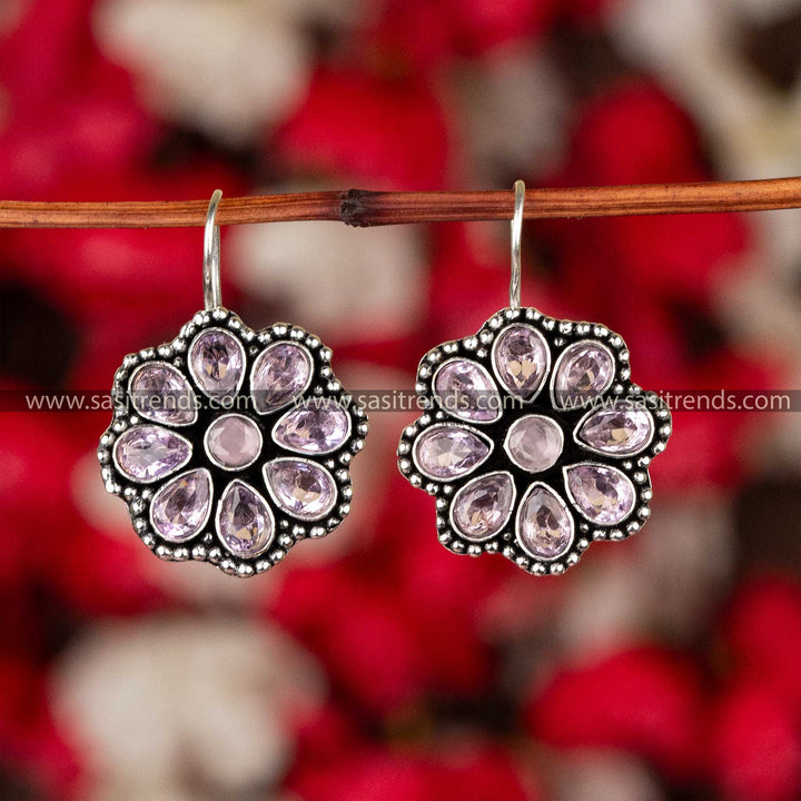 Trendy Pink Floral Ad Stone Studded Earrings