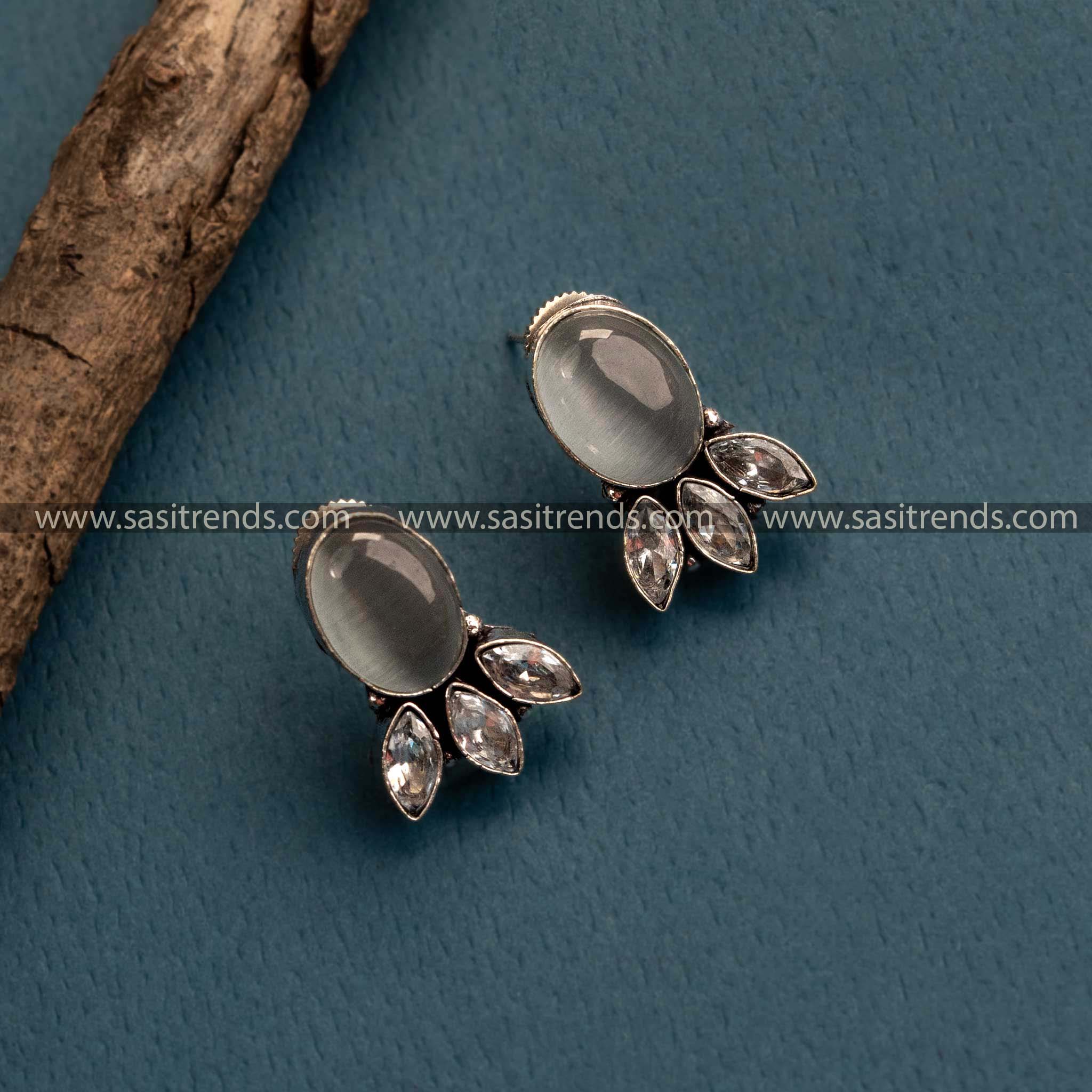 Elegant White Stone Oxidized German Silver Stud Earrings – Trendy Office Wear with Monalisa and AD Stones