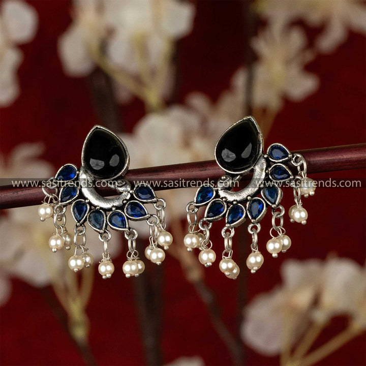 Trendy Oxidised Black Blue Stones Studded Peacock Designer Pearls Hanging Earrings