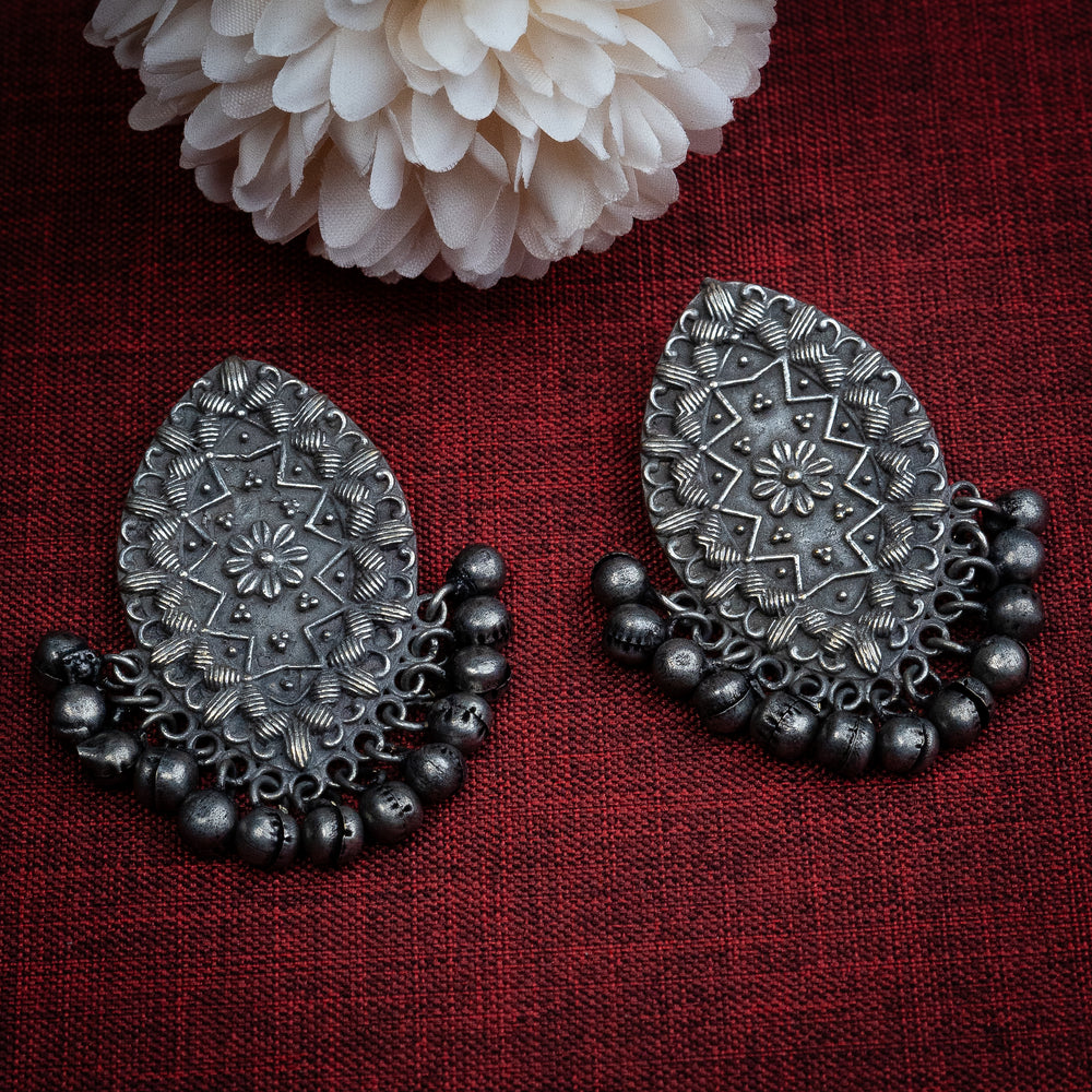 Oxidised Silver Oval Earrings with Tribal Pattern and Ghungroo Beads - Trendy Fashion Jewelry