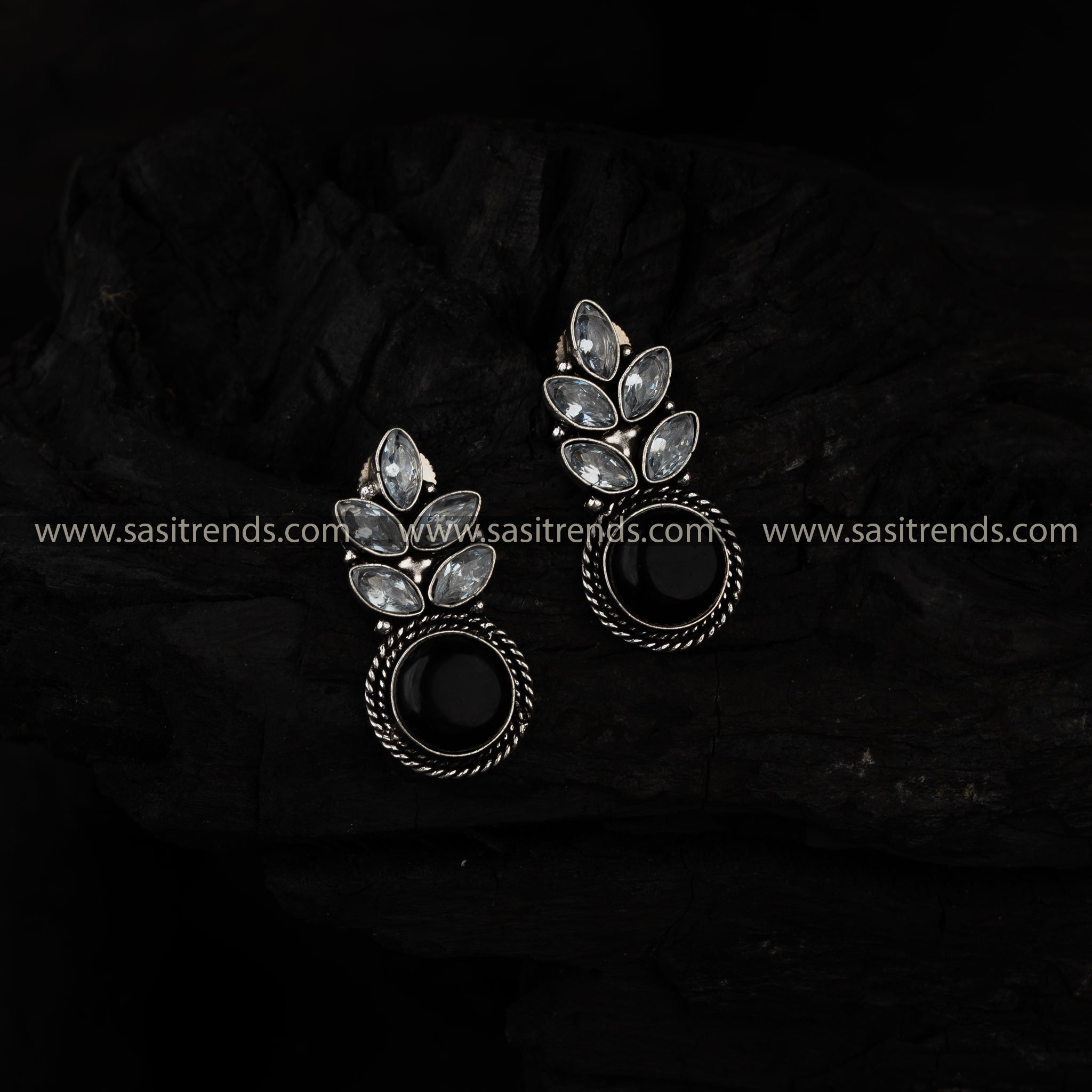 Trendy Oxidized German Silver Five AD Earrings