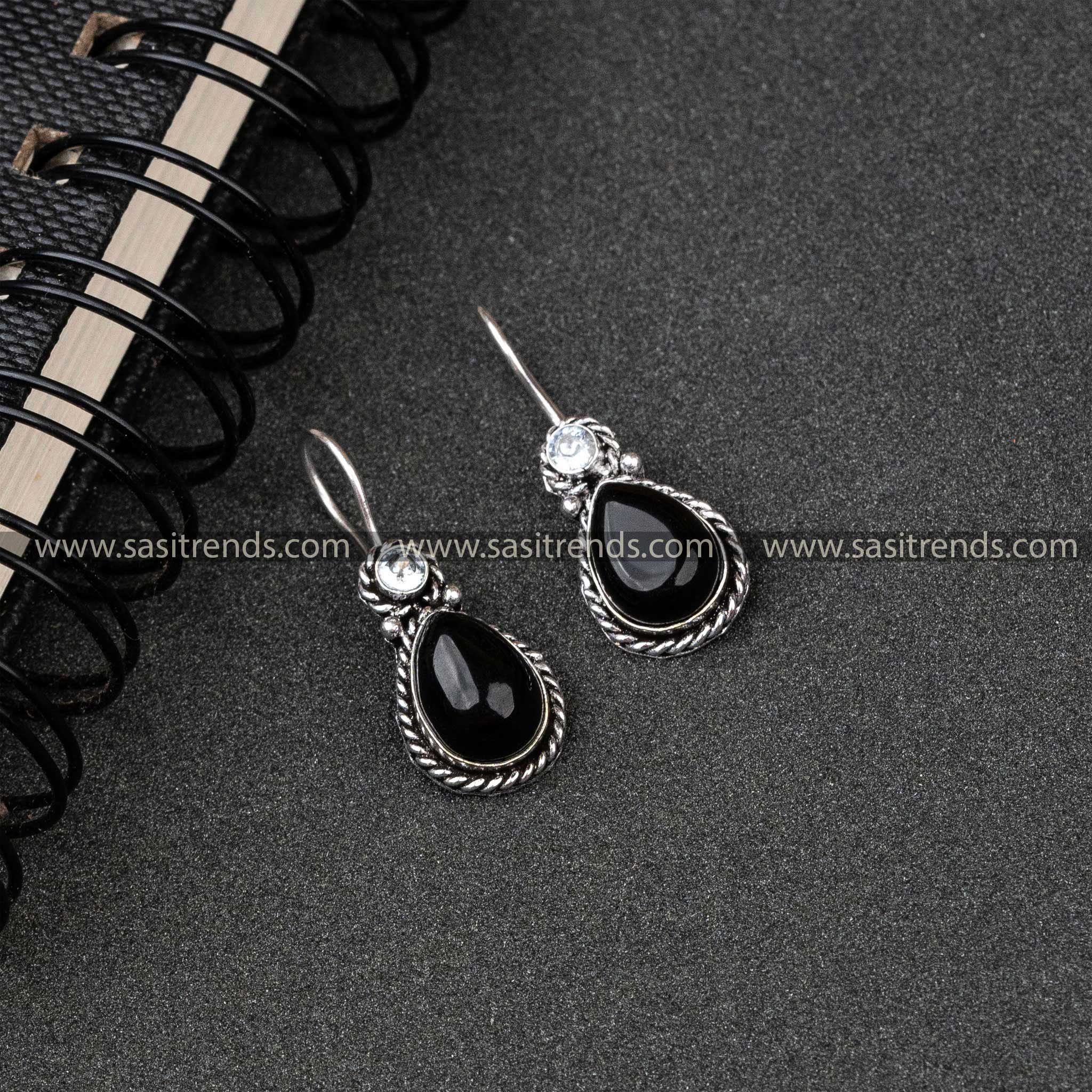 Elegant Oxidized German Silver Water Drop Earrings with Monalisa and AD Stone - Sasitrends - Sasitrends