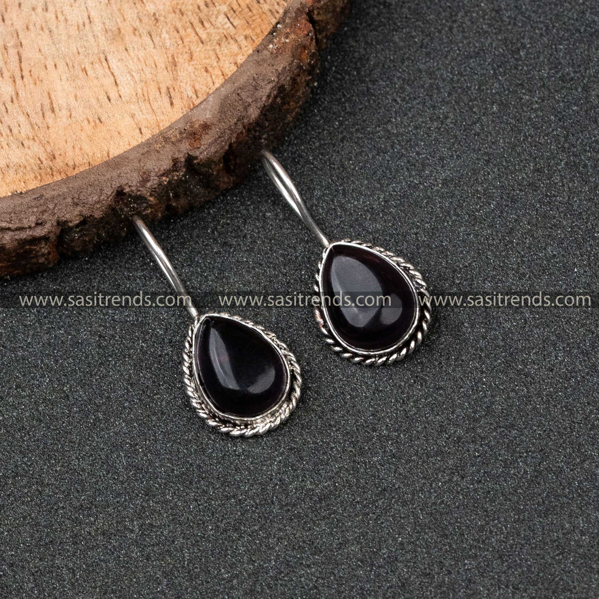 Trendy Oxidised German Silver Water Drop Monalisa Stone Earrings 