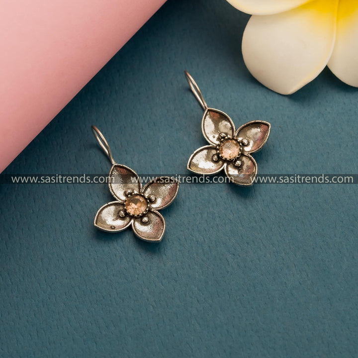 New Office Wear Oxidized German Silver AD Stone Floral Hook Earrings in Light Peach - Trendy Collections