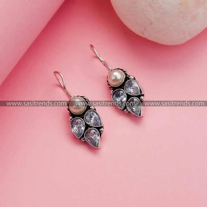 Office Wear Oxidized German Silver Hook Earrings in White - Trendy Collections with Pearl and AD Stone 