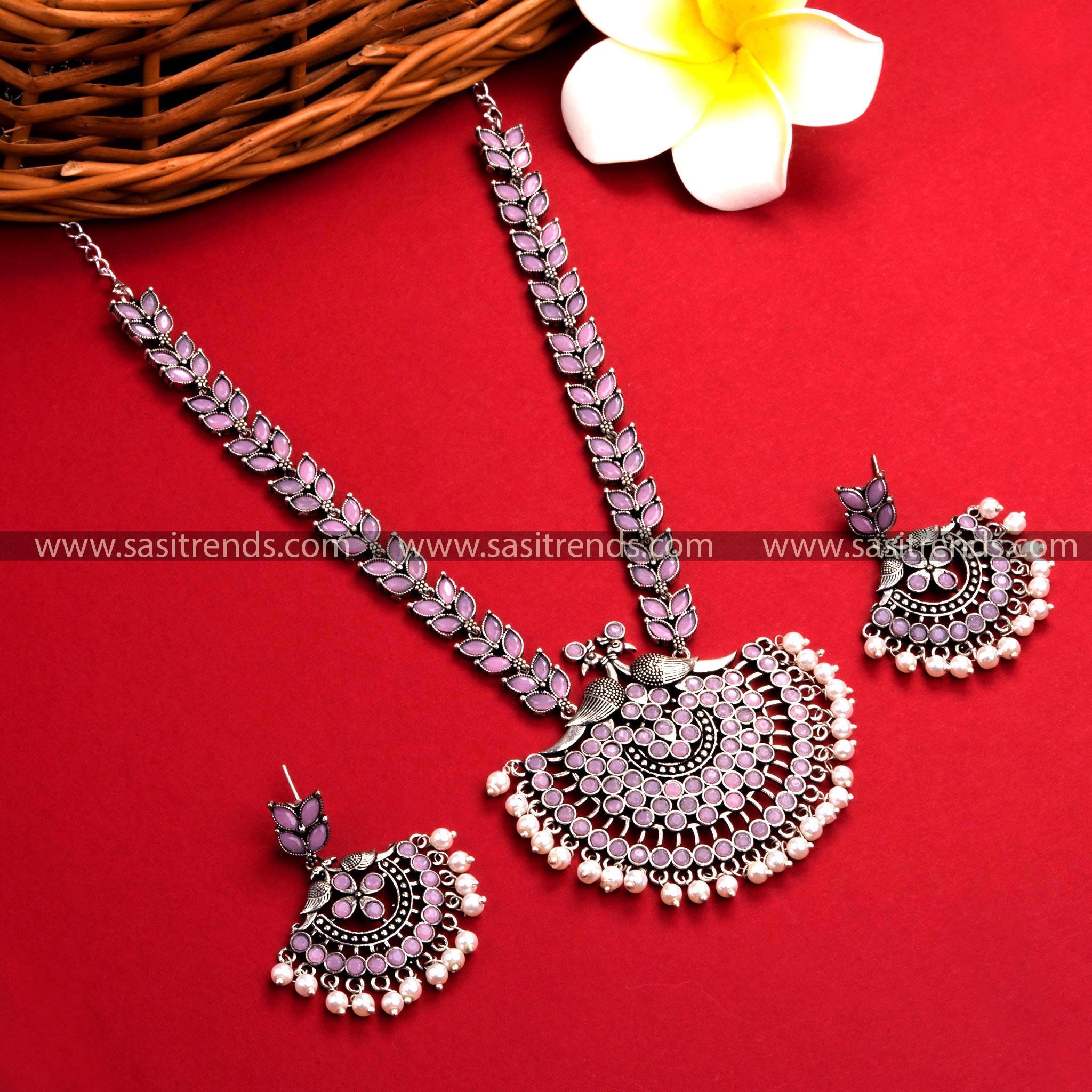 Trendy Oxidised German Silver Necklace Set with Lovely Pink Stones - Perfect for Parties and Special Occasions