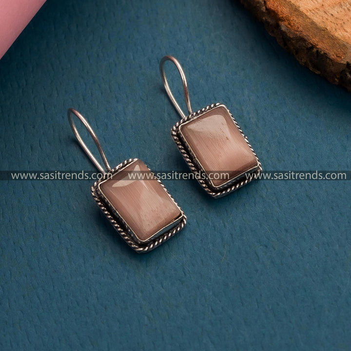 Peach Monalisa Stone Oxidized German Silver Hook Earrings - Perfect Blend of Elegance for Women's Office Wear