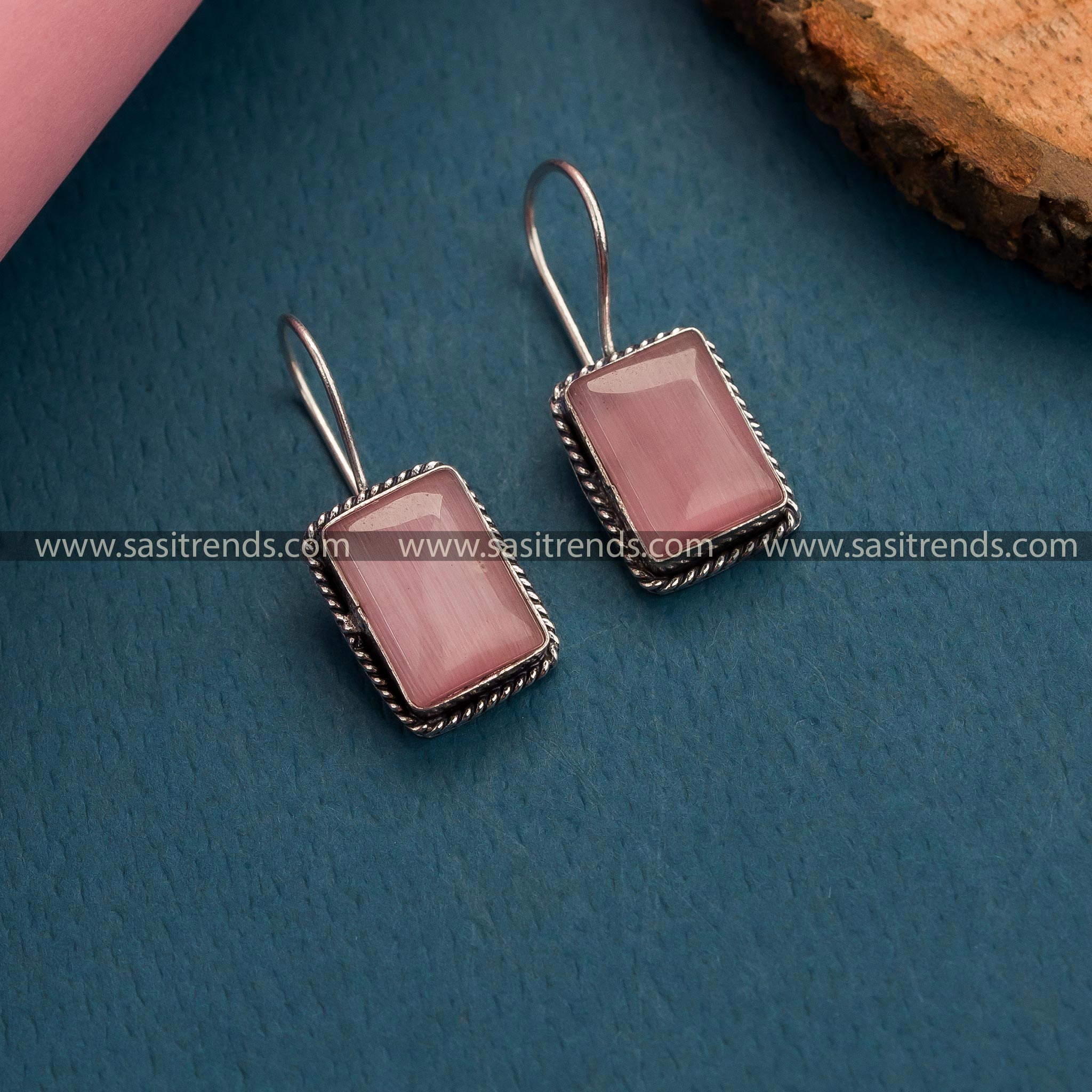 Pink Monalisa Stone Oxidized German Silver Hook Earrings - Trendy Women's Jewelry for Office Wear and Friend's Parties