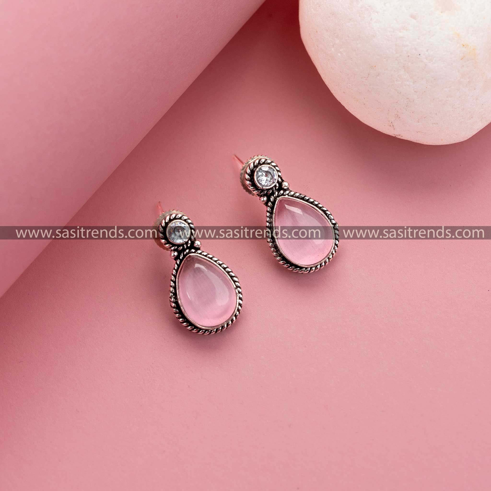 Elegant Pink Oxidized German Silver Earrings - Office Wear and Office Ready, Monalisa and AD Stones