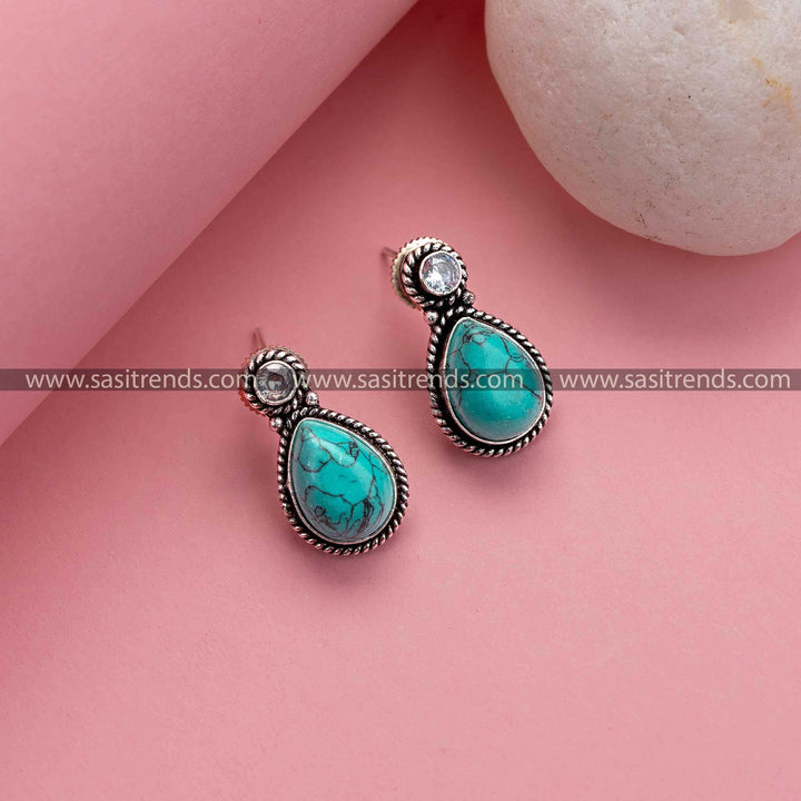 Turquoise Oxidized German Silver Earrings - Elevate Your Style, Monalisa and AD Stones