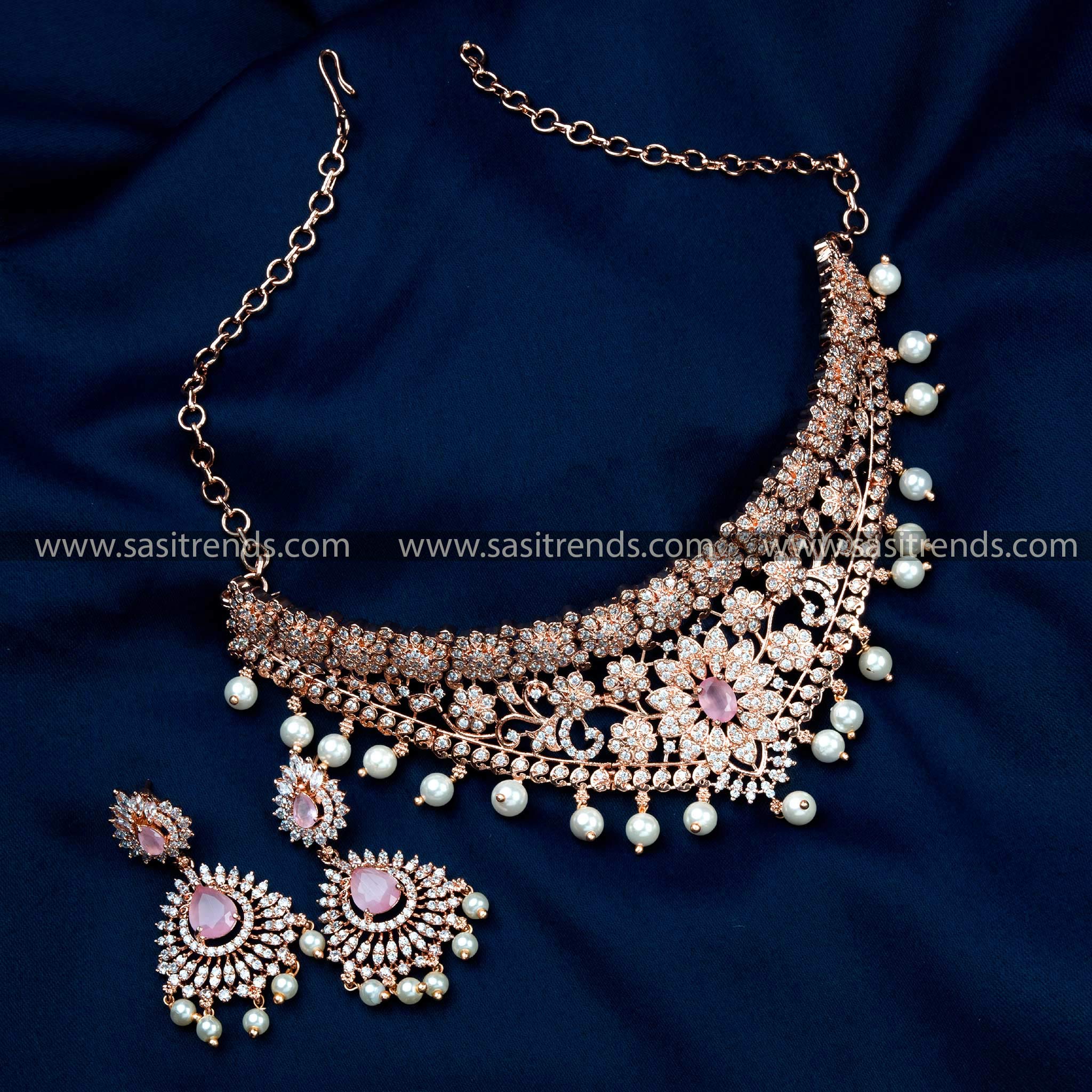 Rose Gold Plated Wedding Choker Necklace Set with Pink Stones, American Diamonds, and Pearl Drops