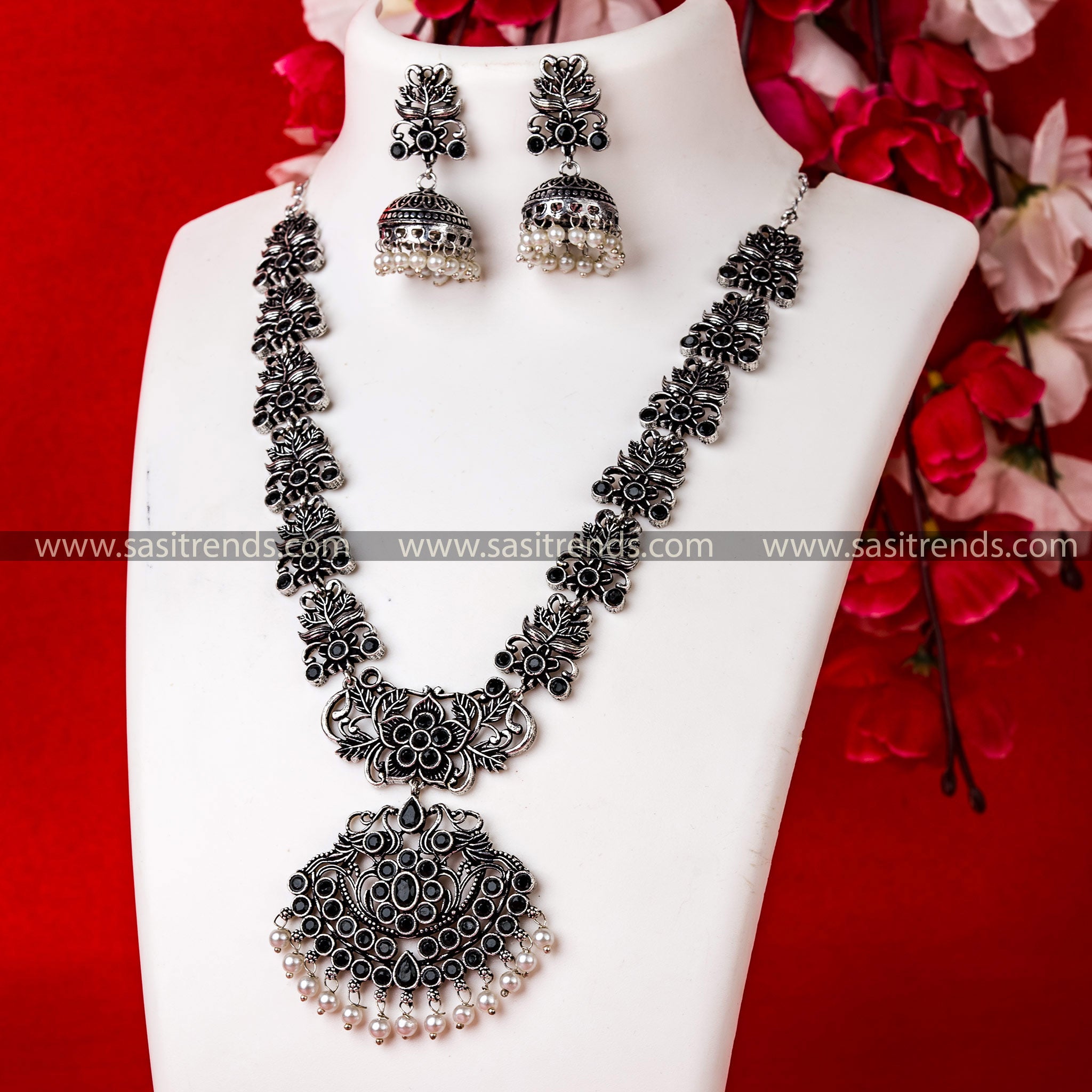 Chic Black Stone Floral Pendant Necklace Set - Oxidised German Silver Party Wear with Pearl Jhumkas