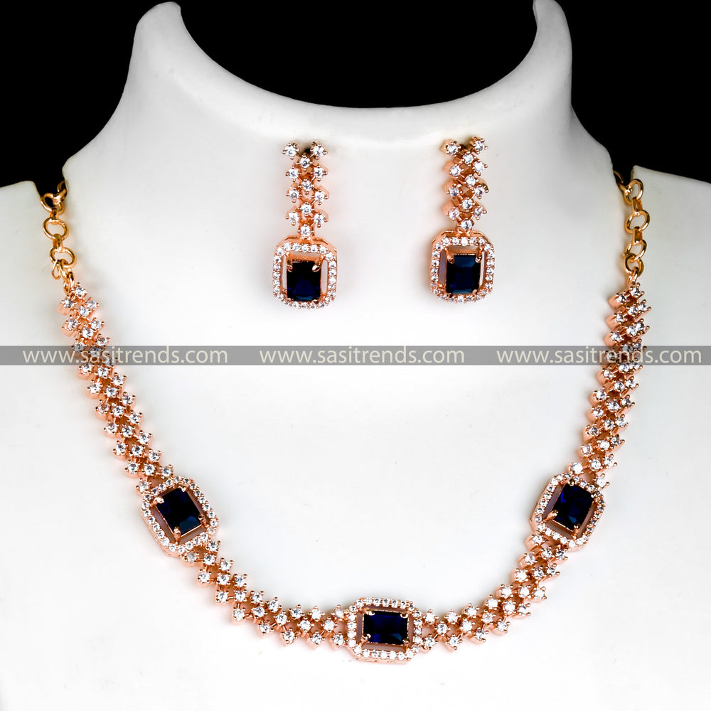 Glamorous Ocean Blue Party Wear Necklace Set with Rose Gold Plating and American Diamond Stones