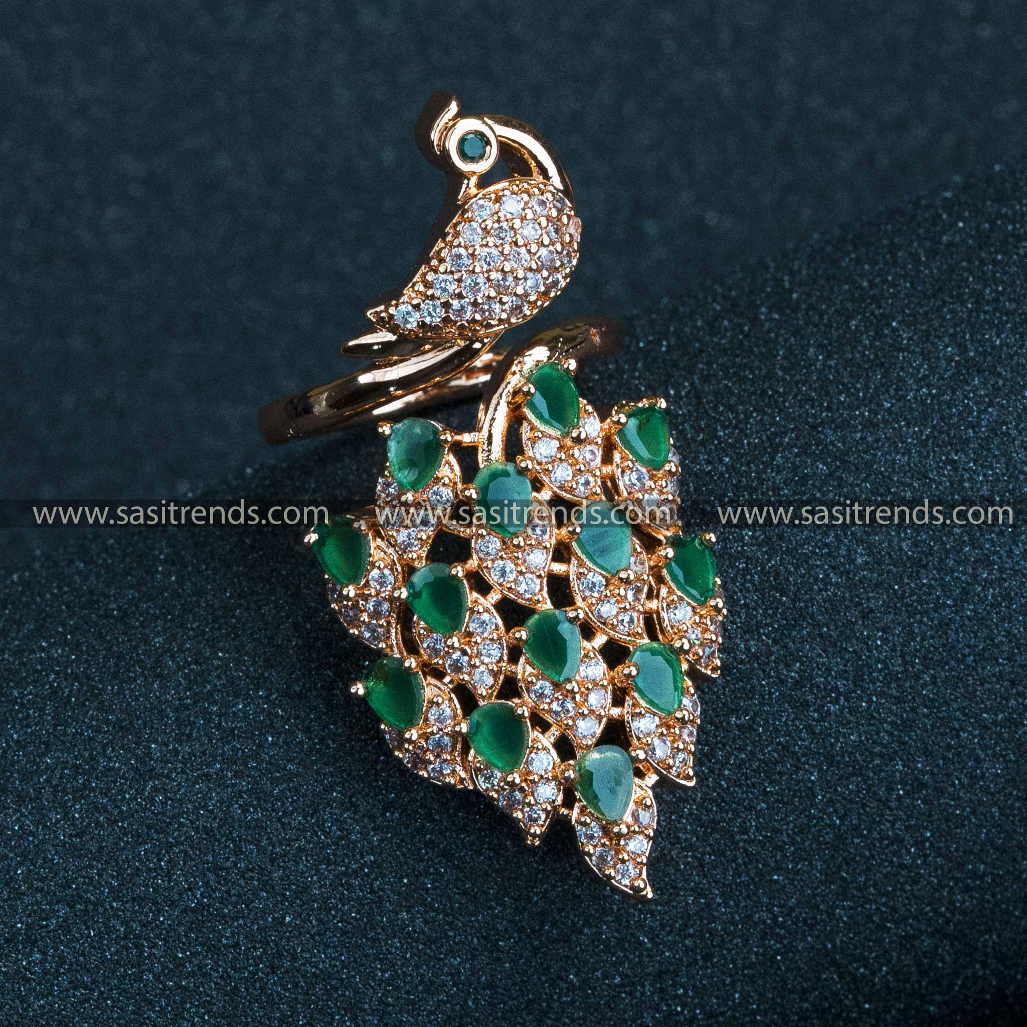 Peacock Adjustable Ring - Rose Gold Plated, White Green American Diamond Stones, Bridal Jewellery