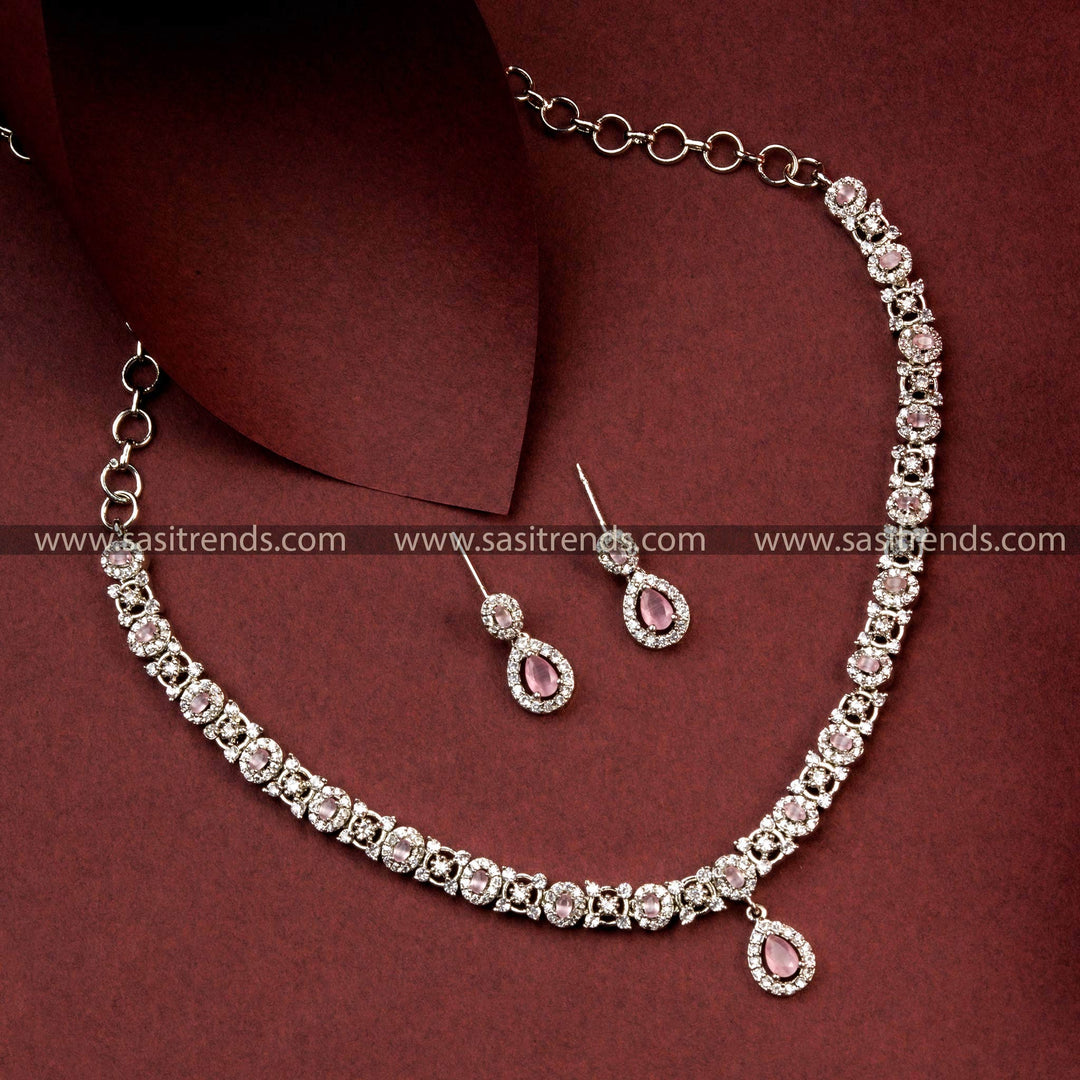 Elegant Party Wear Rhodium Silver Plated AD Necklace Set with Floral and Oval Patterns