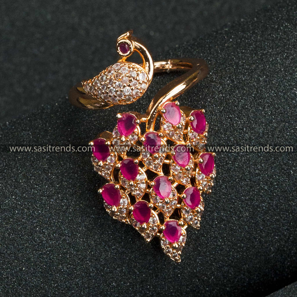 Peacock Adjustable Ring - Rose Gold Plated, White Ruby-AD Stones, Royal Look, Bridal Jewellery