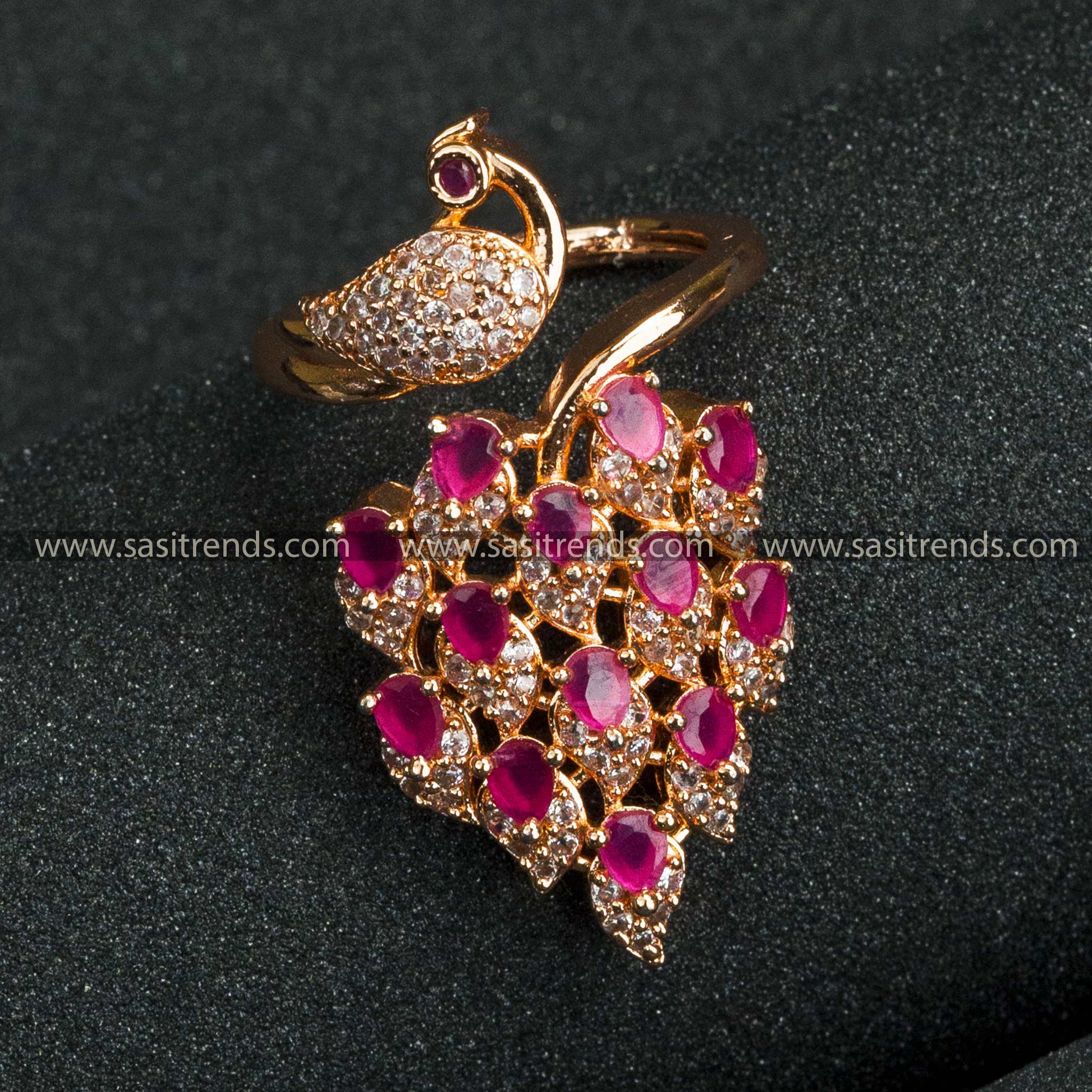 Peacock Adjustable Ring - Rose Gold Plated, White Ruby-AD Stones, Royal Look, Bridal Jewellery