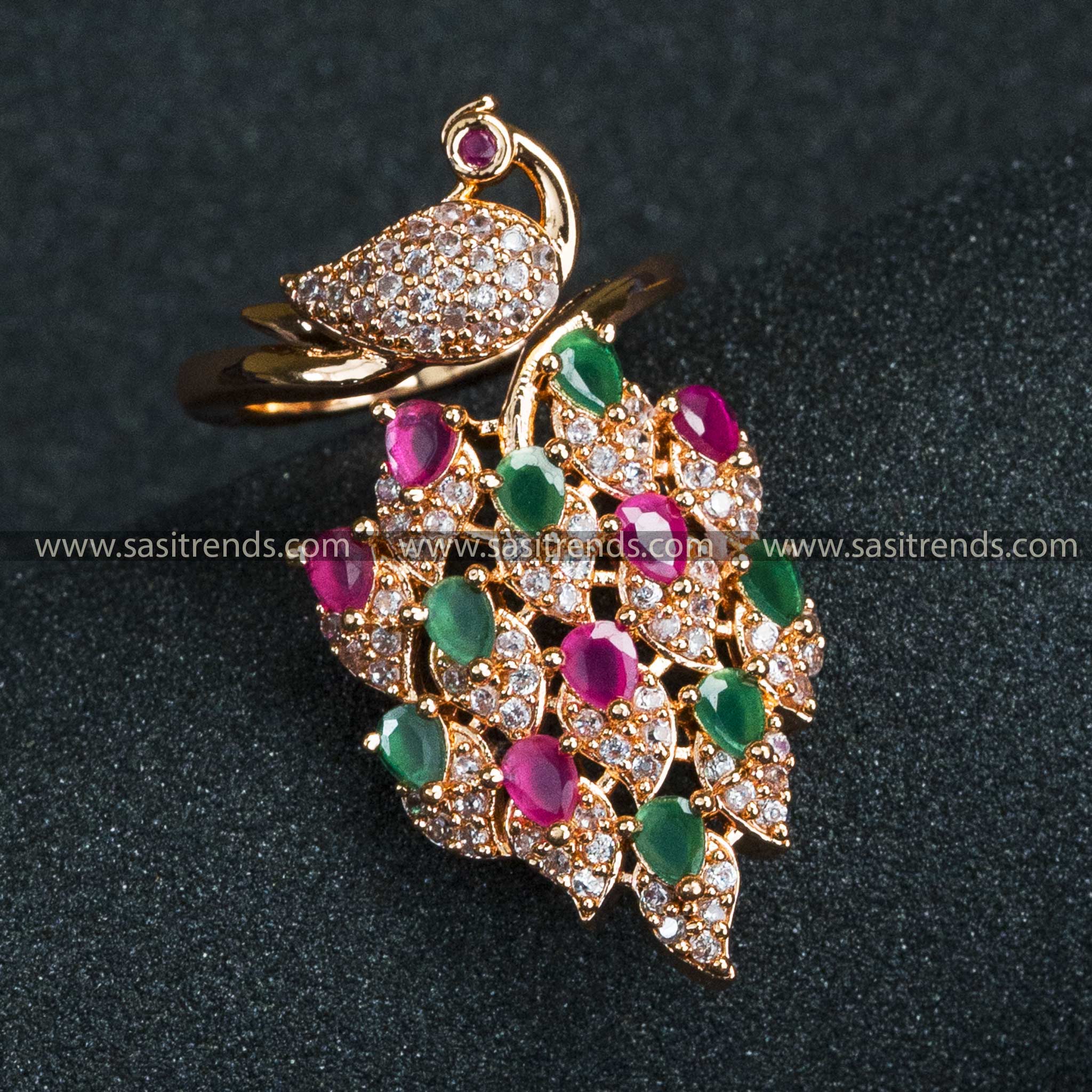 Peacock Adjustable Ring - Rose Gold Plated, Multi Color American Diamond Stones, Bridal Jewellery