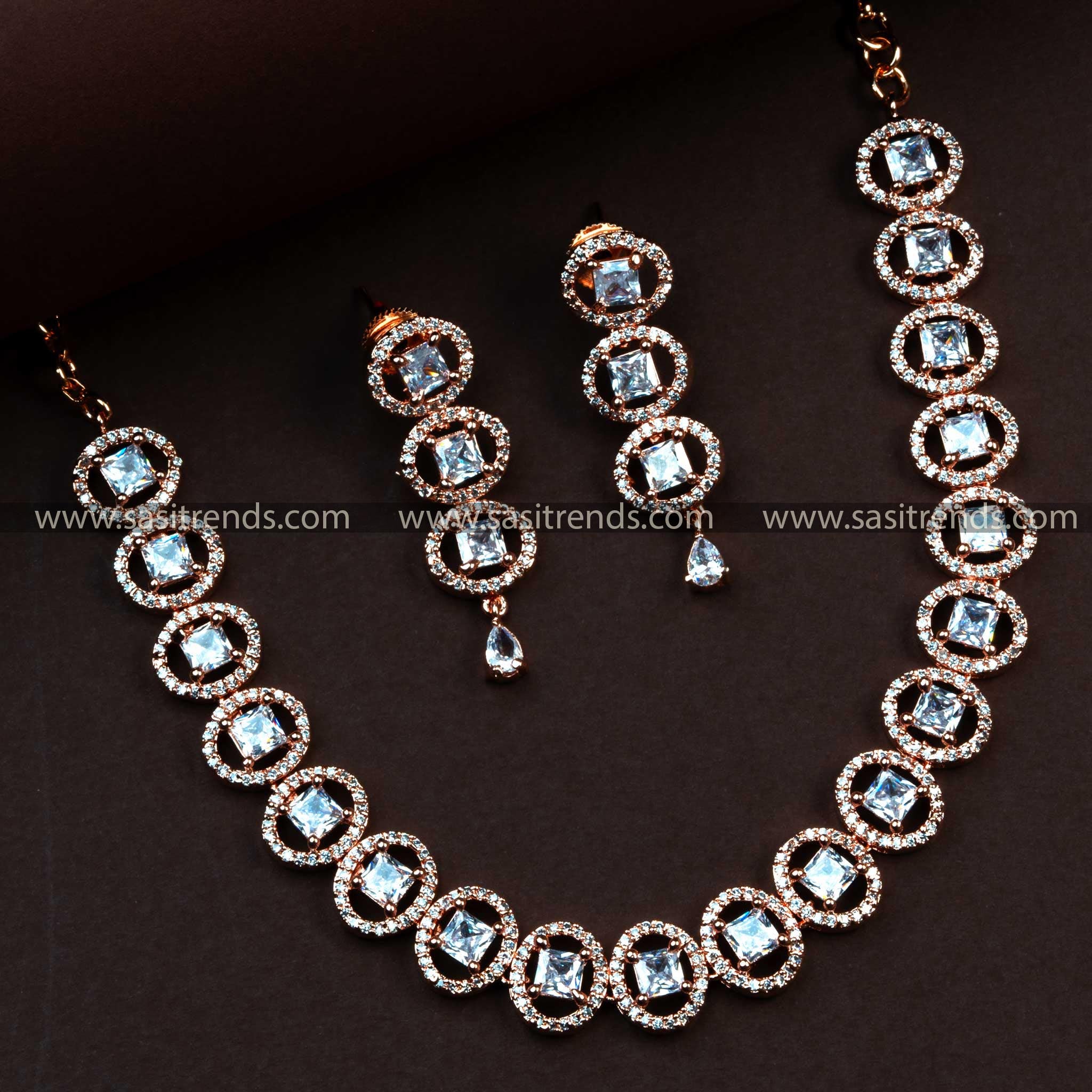 Elegant White AD Stone Rose Gold Necklace Set - Party Wear Jewelry with Matching Earrings - Latest Collection