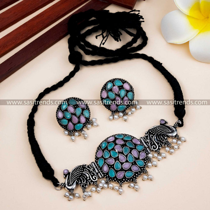 Trendy Mint & Pink Peacock Oxidised Silver Necklace with Pearl Earrings