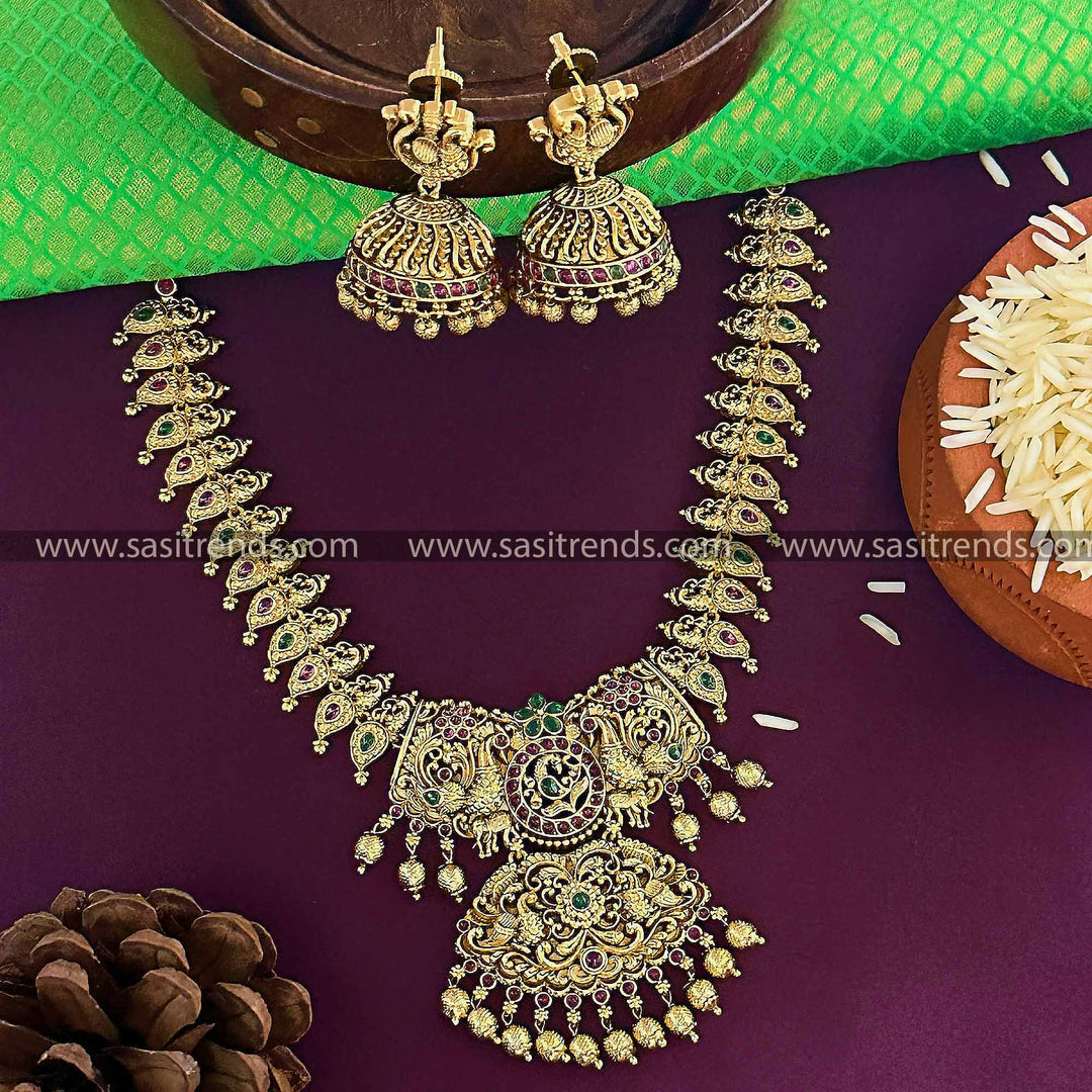 Temple Gold Peacock Floral Dual Pendant Necklace Set with Jhumkas for Women - Traditional Jewelry