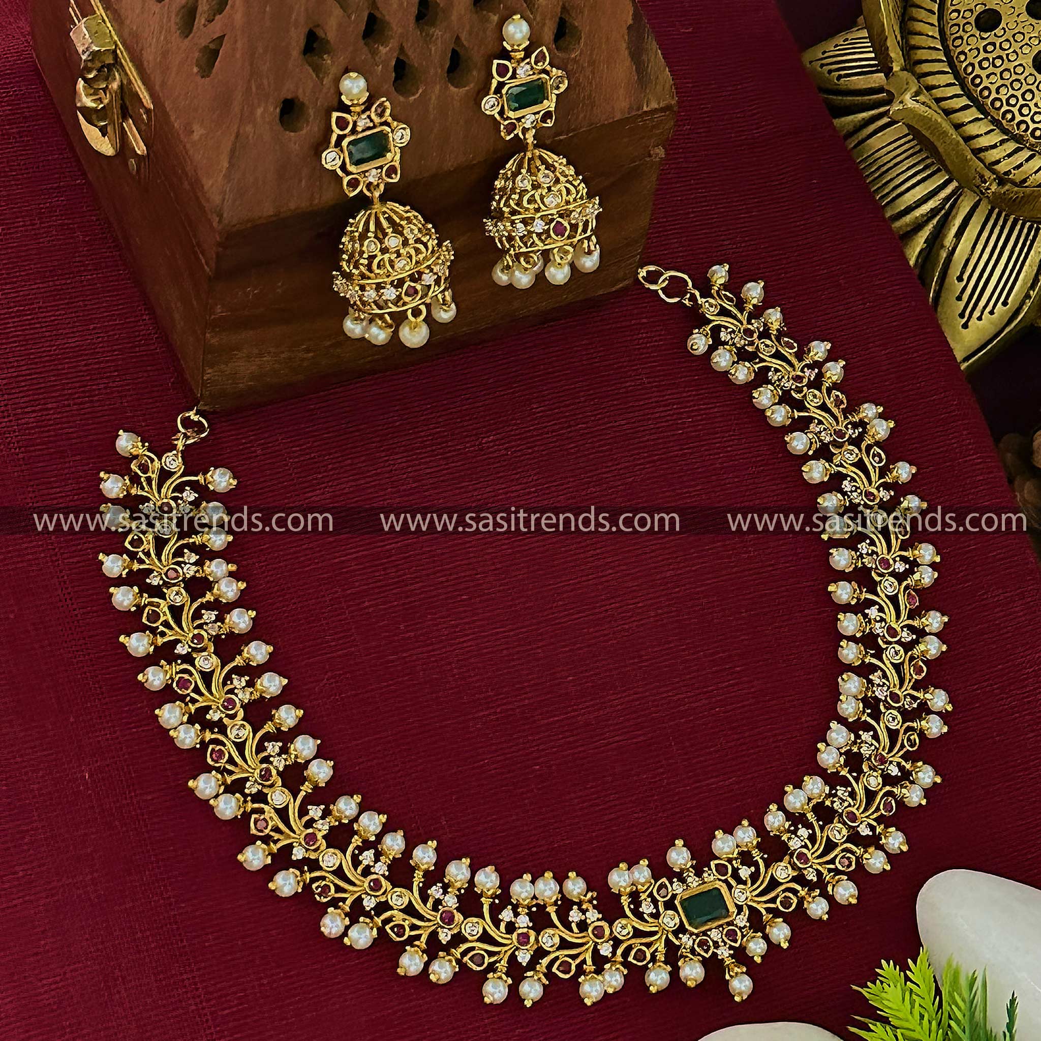 Matt Gold Plated Floral Choker Necklace Set with Jhumkas - Party Wear