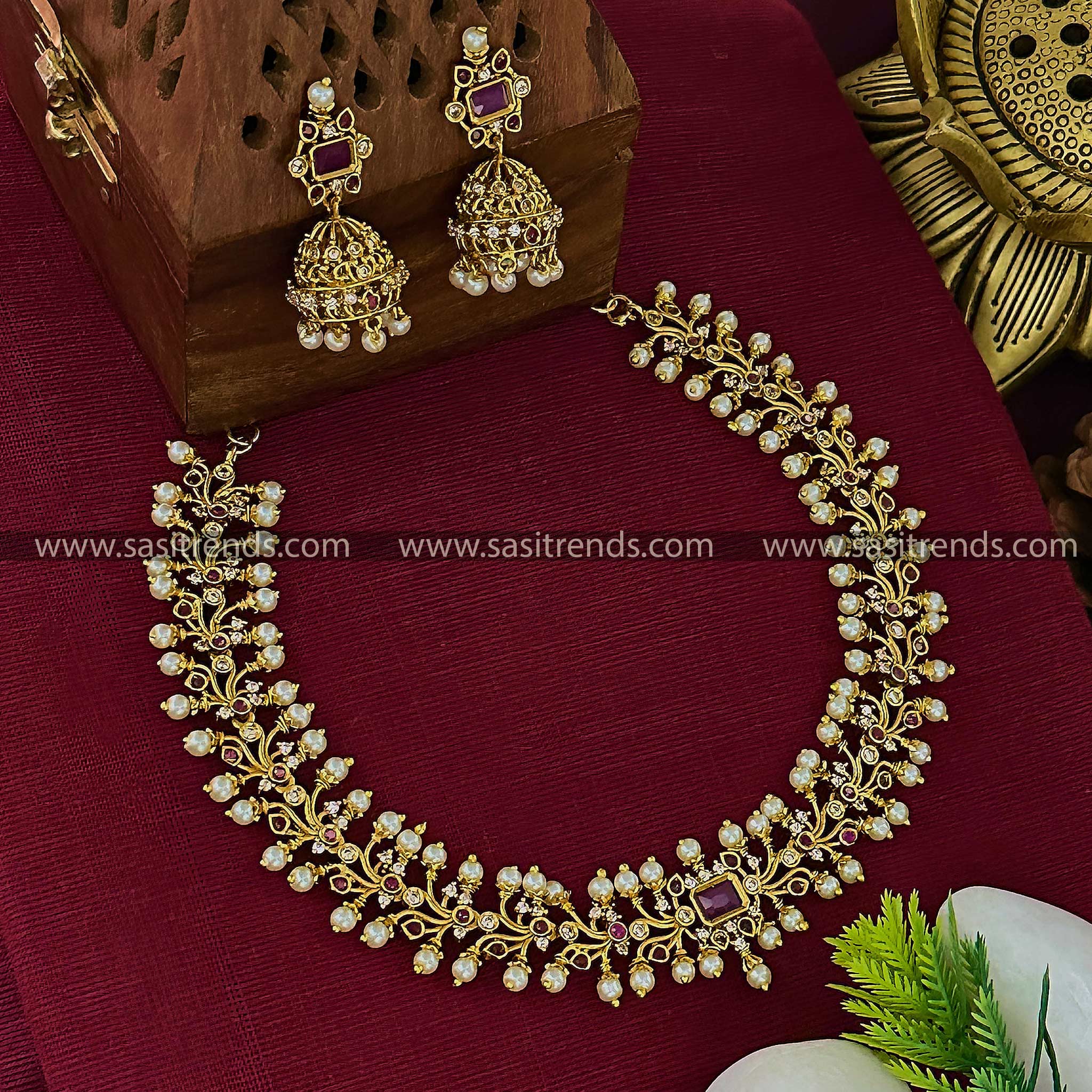 Floral Choker Necklace Set with Jhumkas - Party Wear Temple Gold Plated