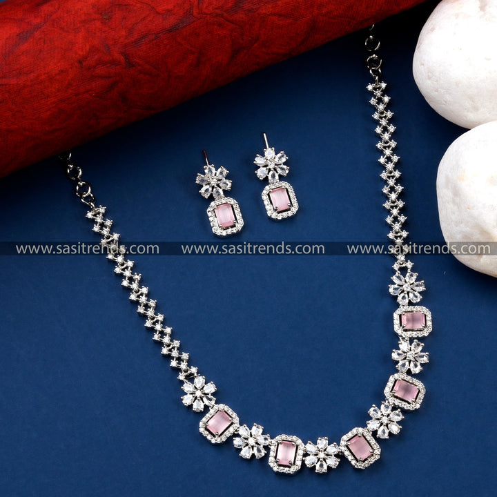 Charming Pink AD Stone Rhodium Silver Plated Necklace Set - Ideal for Parties and Weddings