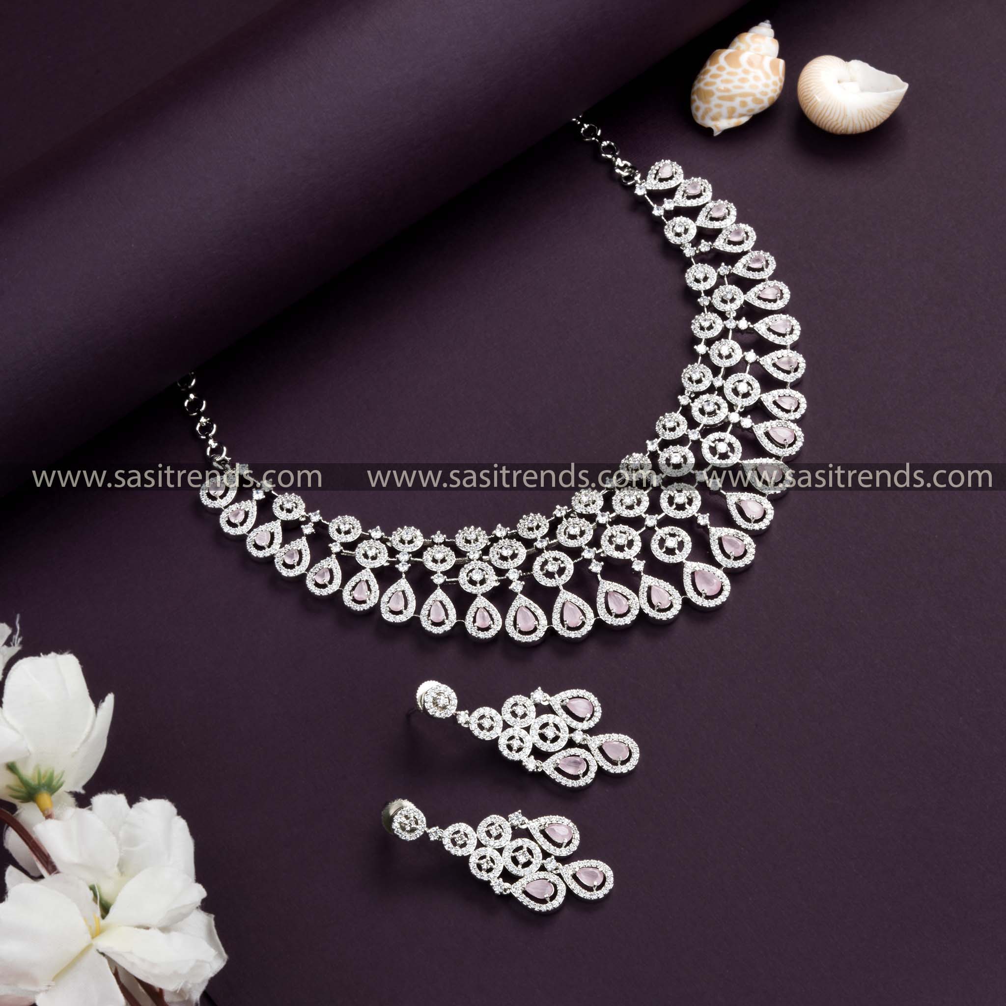 Dazzling Rhodium Silver Plated Choker Necklace Set with Pink American Diamond Stones – Embrace Pretty in Pink.