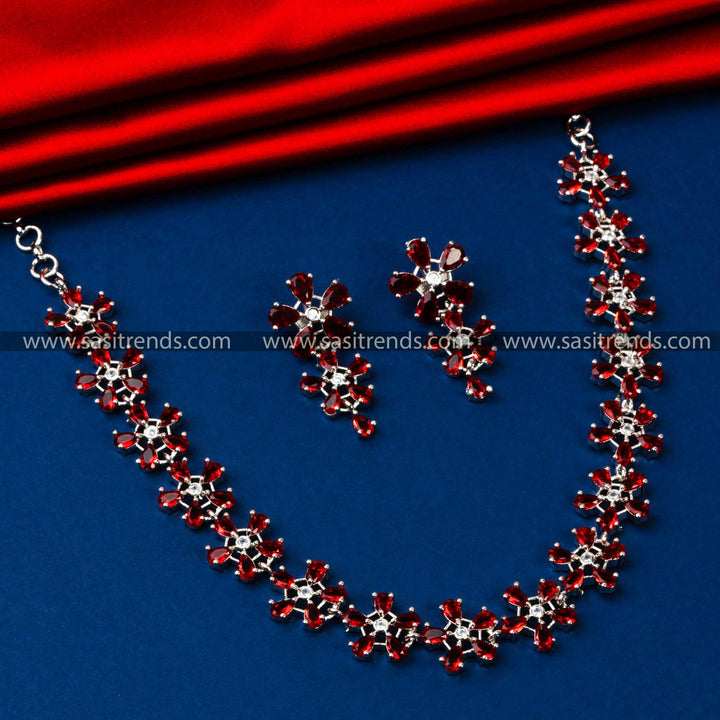 Rhodium Silver Plated AD Necklace with Elegant Red Floral Motifs