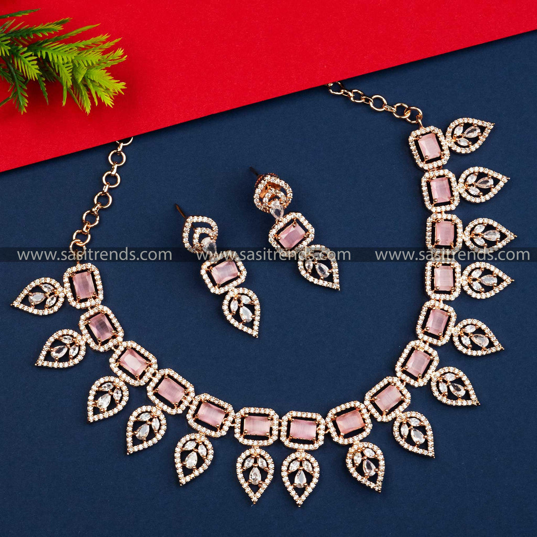 Stunning Pink AD Stone Party Necklace Set with Leaf Motif - Rose Gold Plated, Ideal for Parties and Special Occasions.