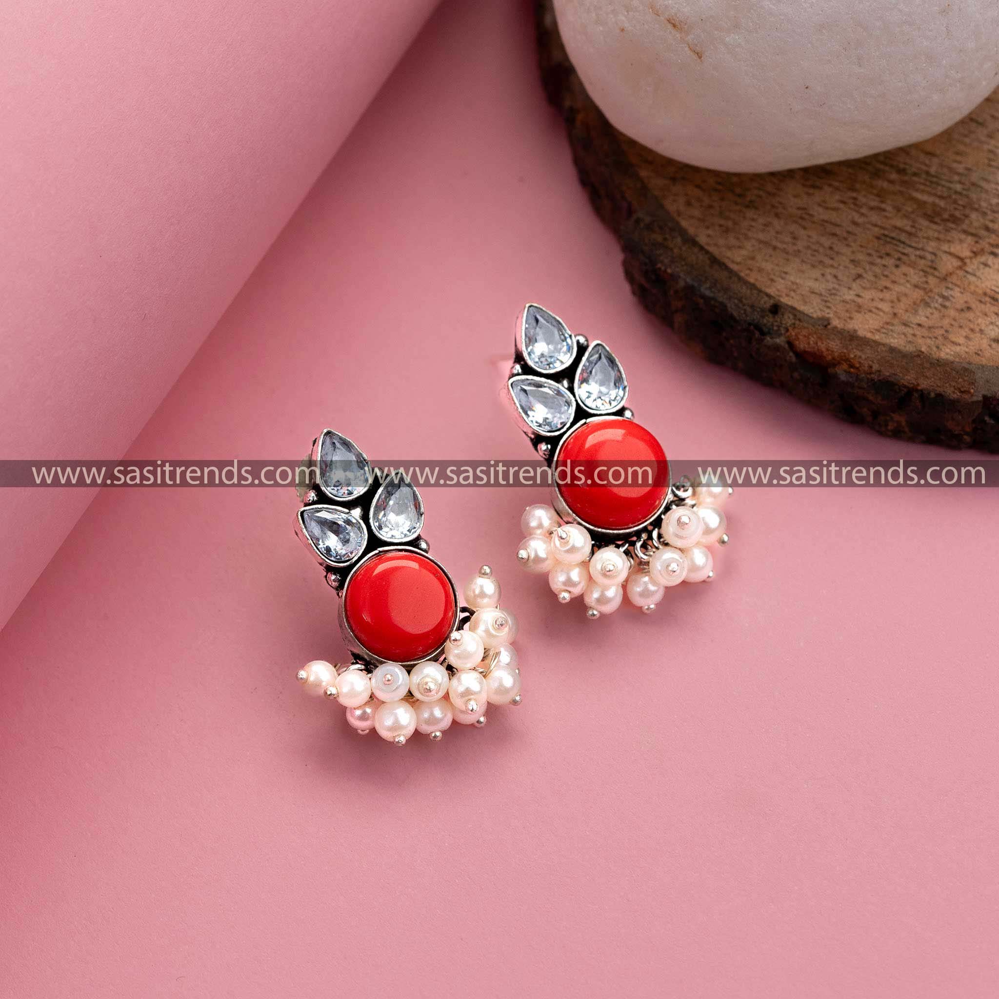 Oxidized German Silver Earrings in Red – Monalisa Stone, AD Stones, Pearl Drops for Women – Latest Traditional Jewelry Collection