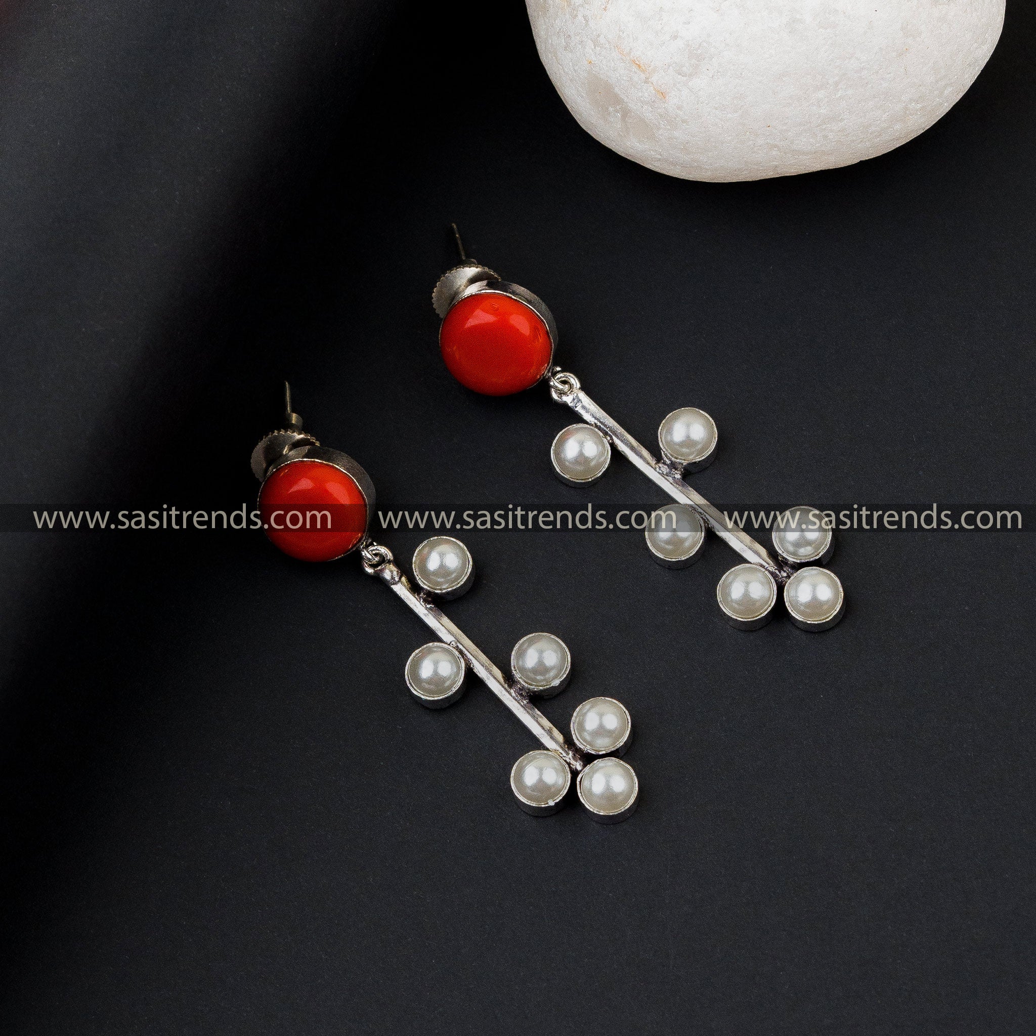 Trendy Round Stone Six Pearl Oxidised German Silver Earrings