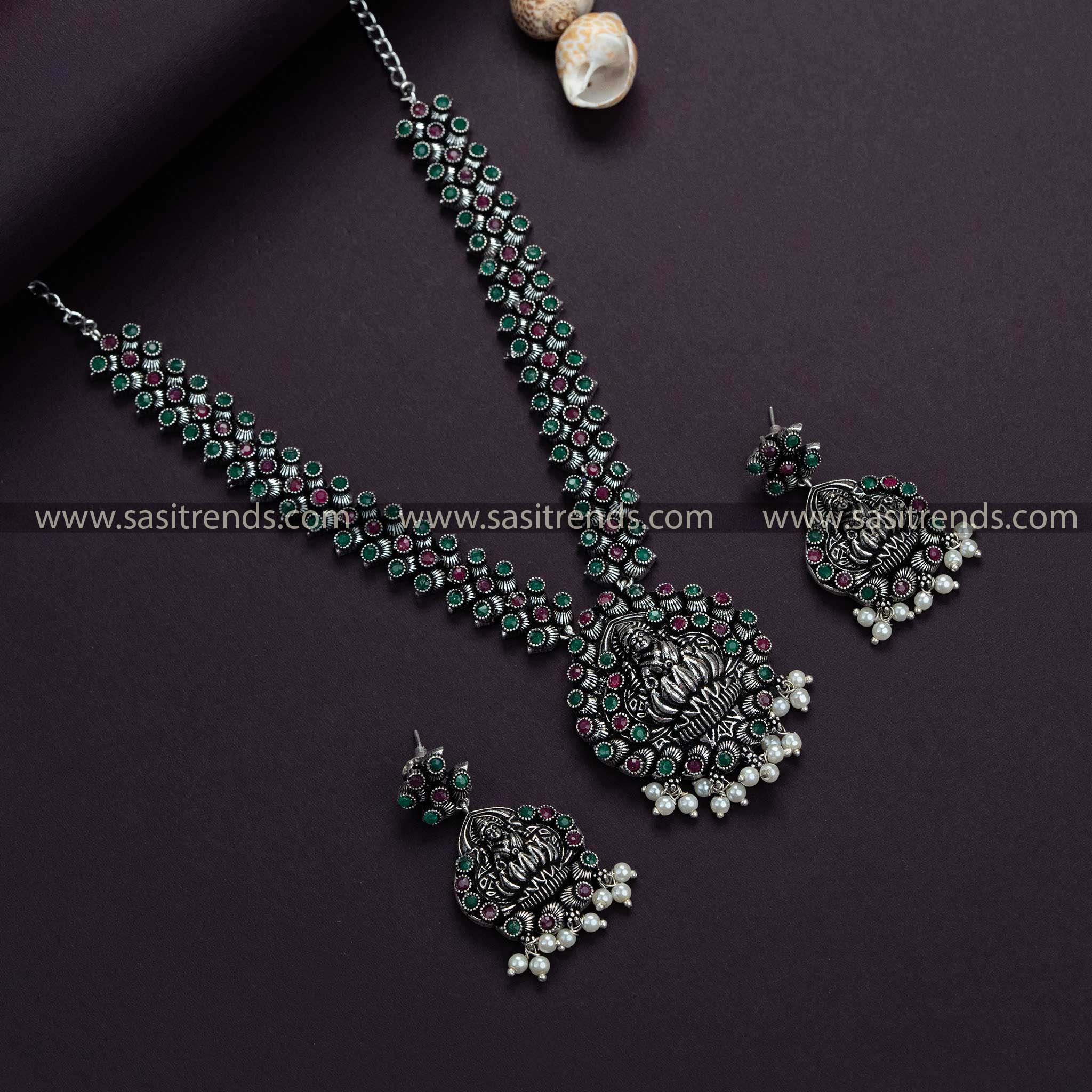 Exquisite Lakshmi Oxidised German Silver Necklace with Ruby-Green Stones - A Symbol of Rich Tradition